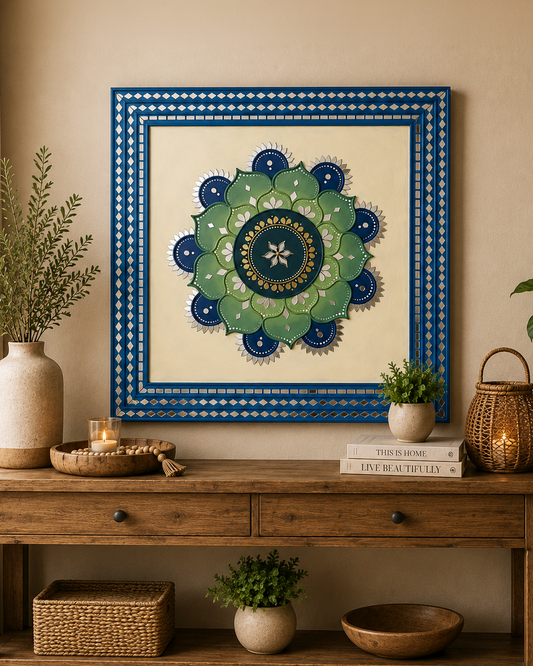 Sunflower Lippan Mandala Wall Art, Mud Mirror Indian Folk Decor