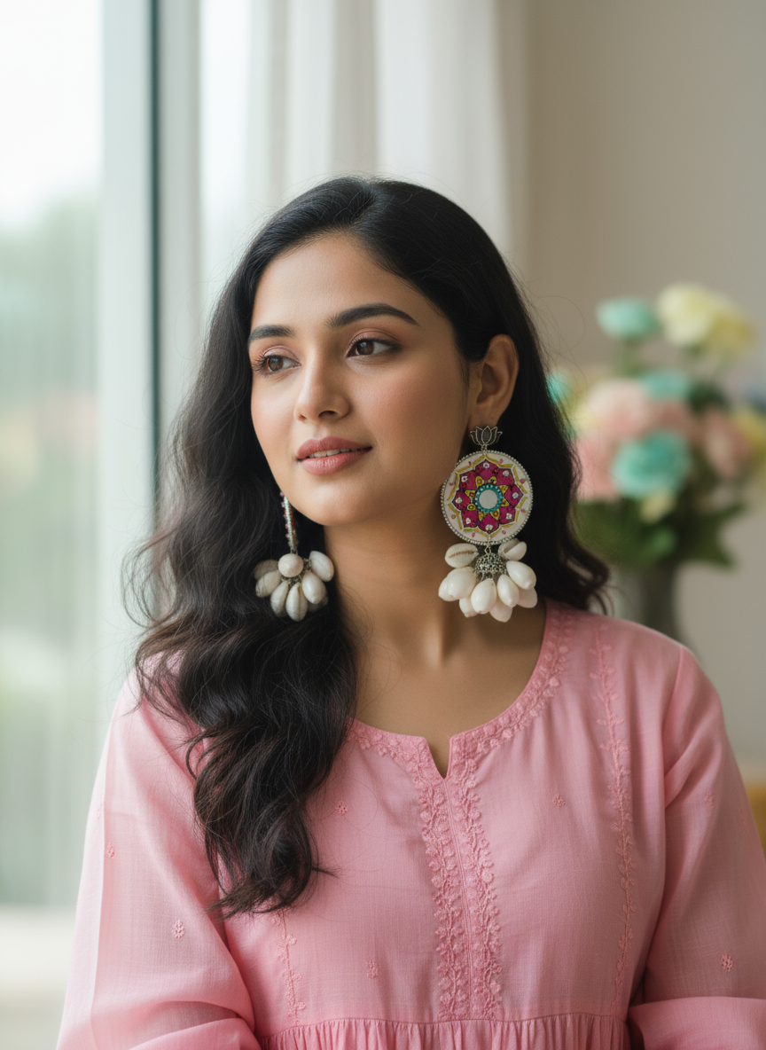 Tropical Blossom: Hand-Painted Mirror & Cowrie Shell Lotus Earrings 🌺
