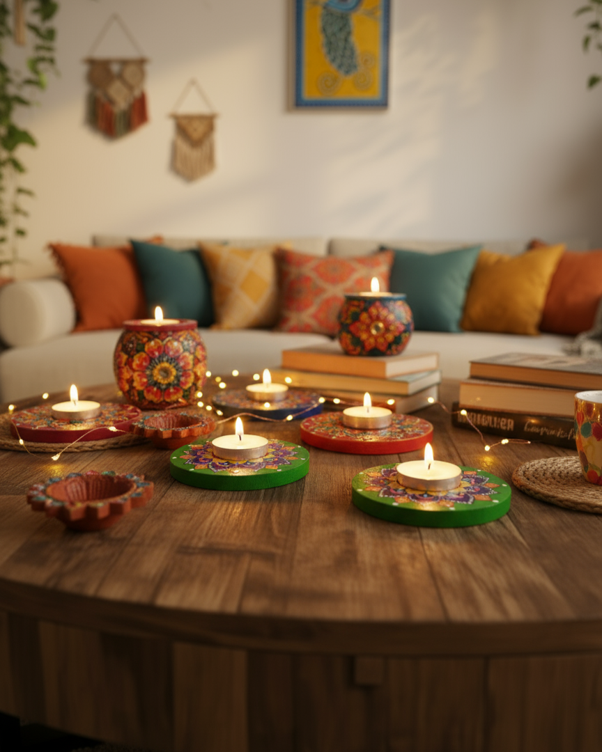 Decorative candles on a wooden table with a cozy living room background