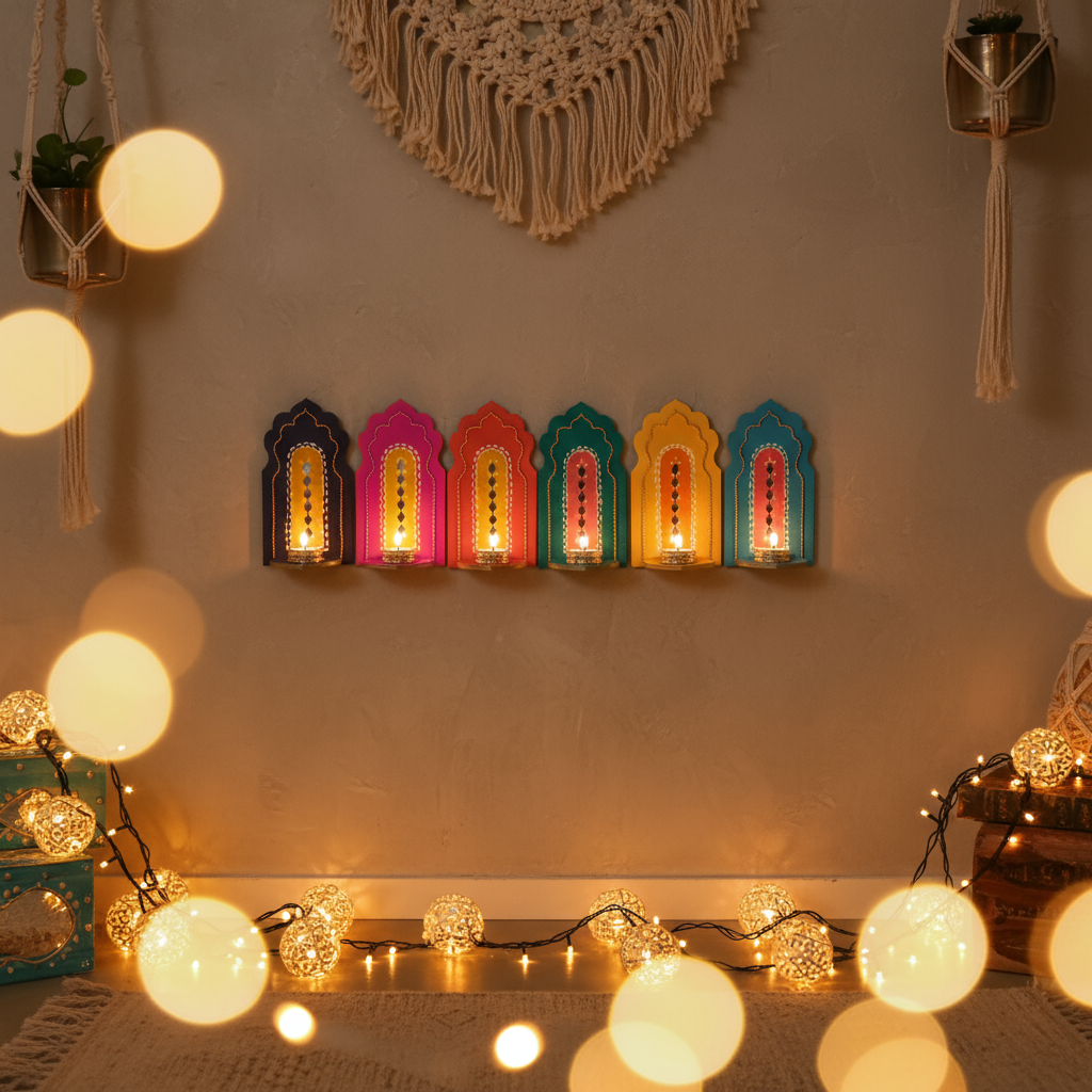 🪔 Handpainted Jharokha Style Wall Hanging T-Light Holder – Available in 5 Colours