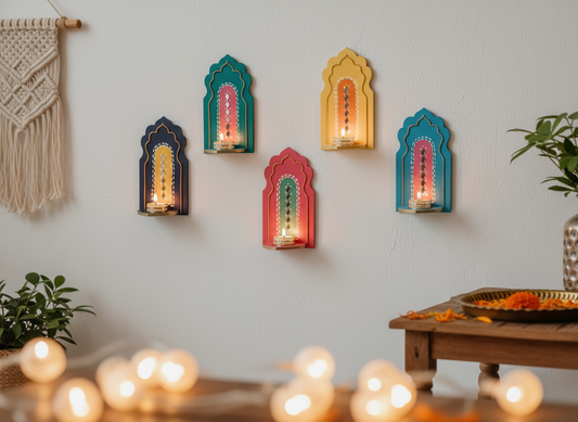 🪔 Handpainted Jharokha Style Wall Hanging T-Light Holder – 5 Colours