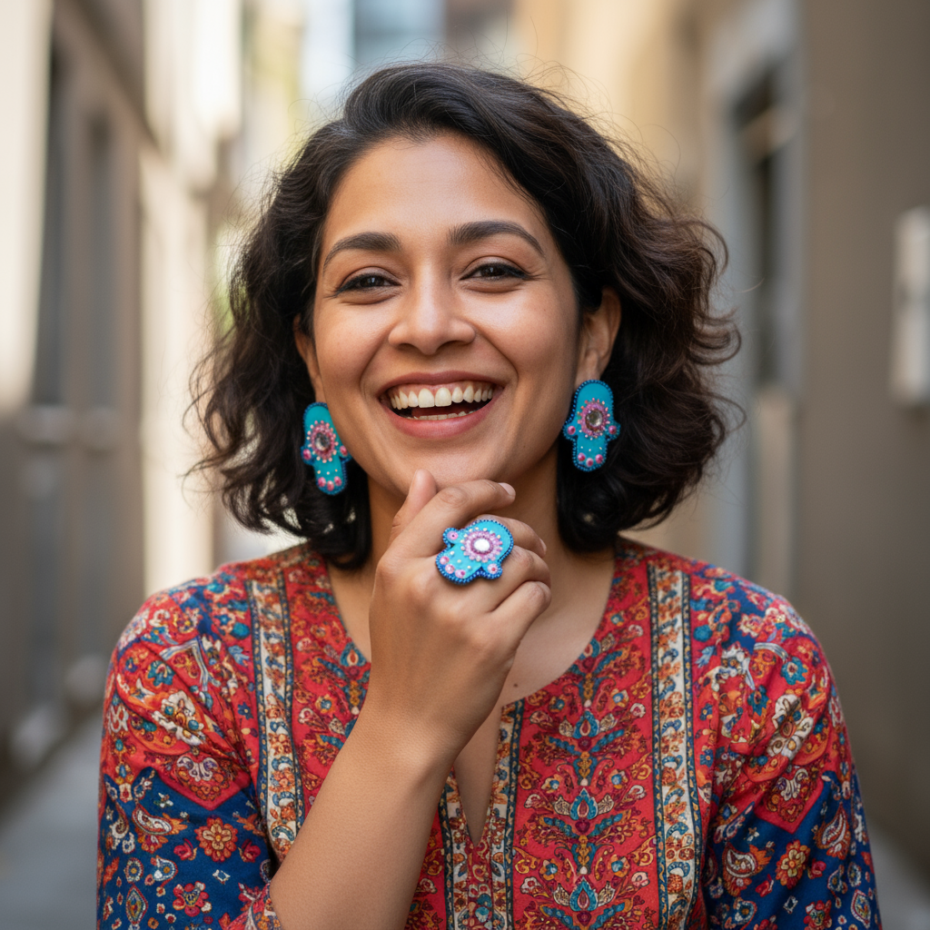 🪬 Handmade Hamsa Hand Jewelry Set – Stud Earrings & Matching Ring
