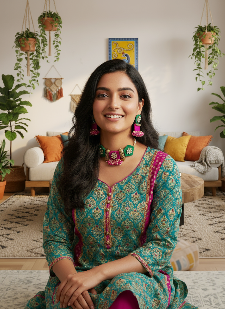 Regal Charm: Rani Pink & Emerald Green Fabric Kundan Choker Set ✨