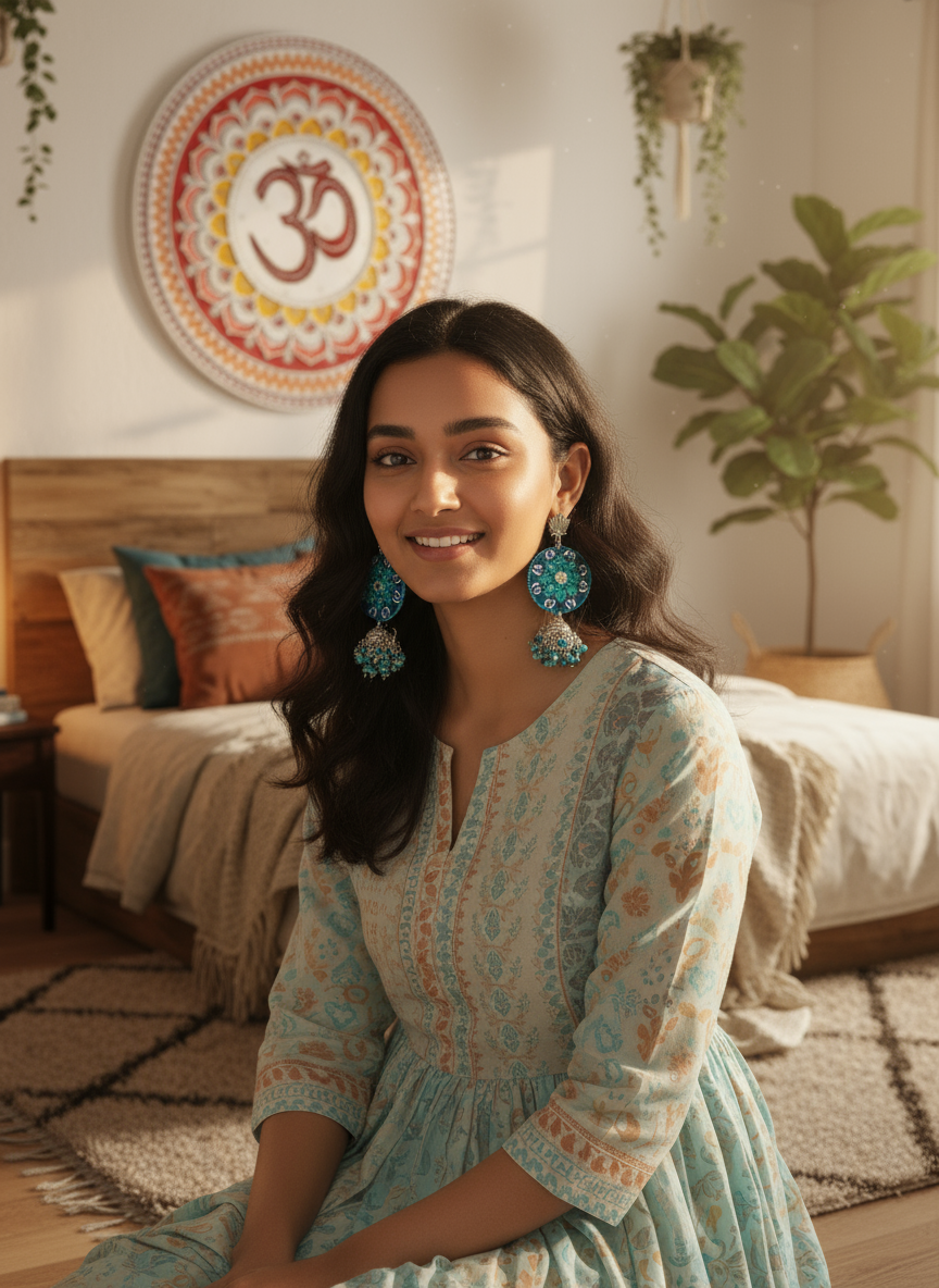 Azure Mandala: Hand-Painted Blue Lotus & Jhumki Earrings 💙