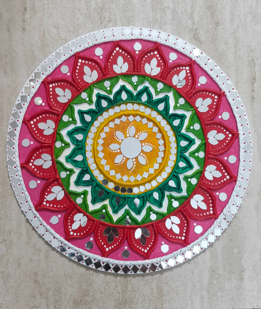 Colorful Lippan Mandala Wall Art, Mud Mirror Indian Folk Decor