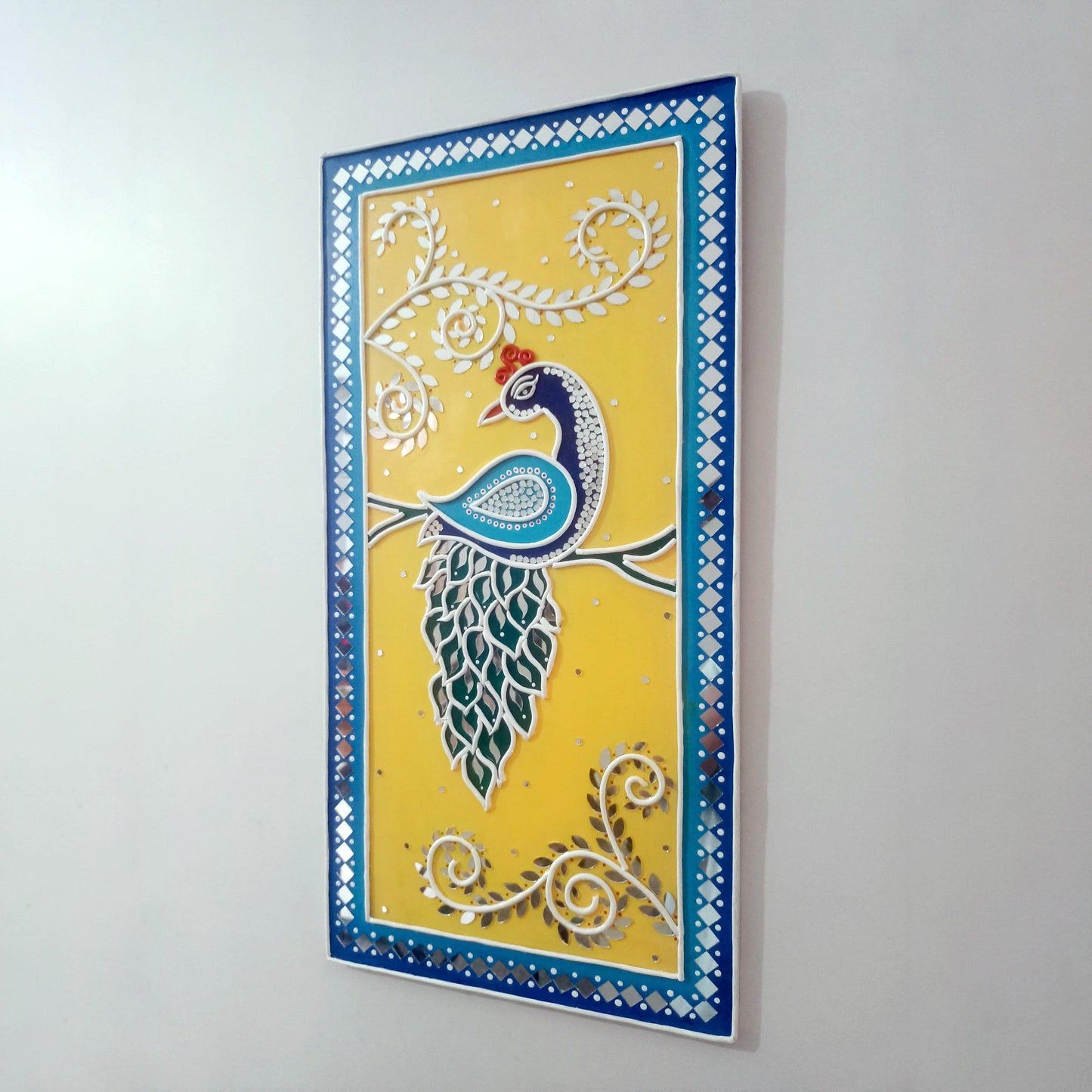 Peacock Lippan Wall Art, Mud Mirror Indian Folk Decor