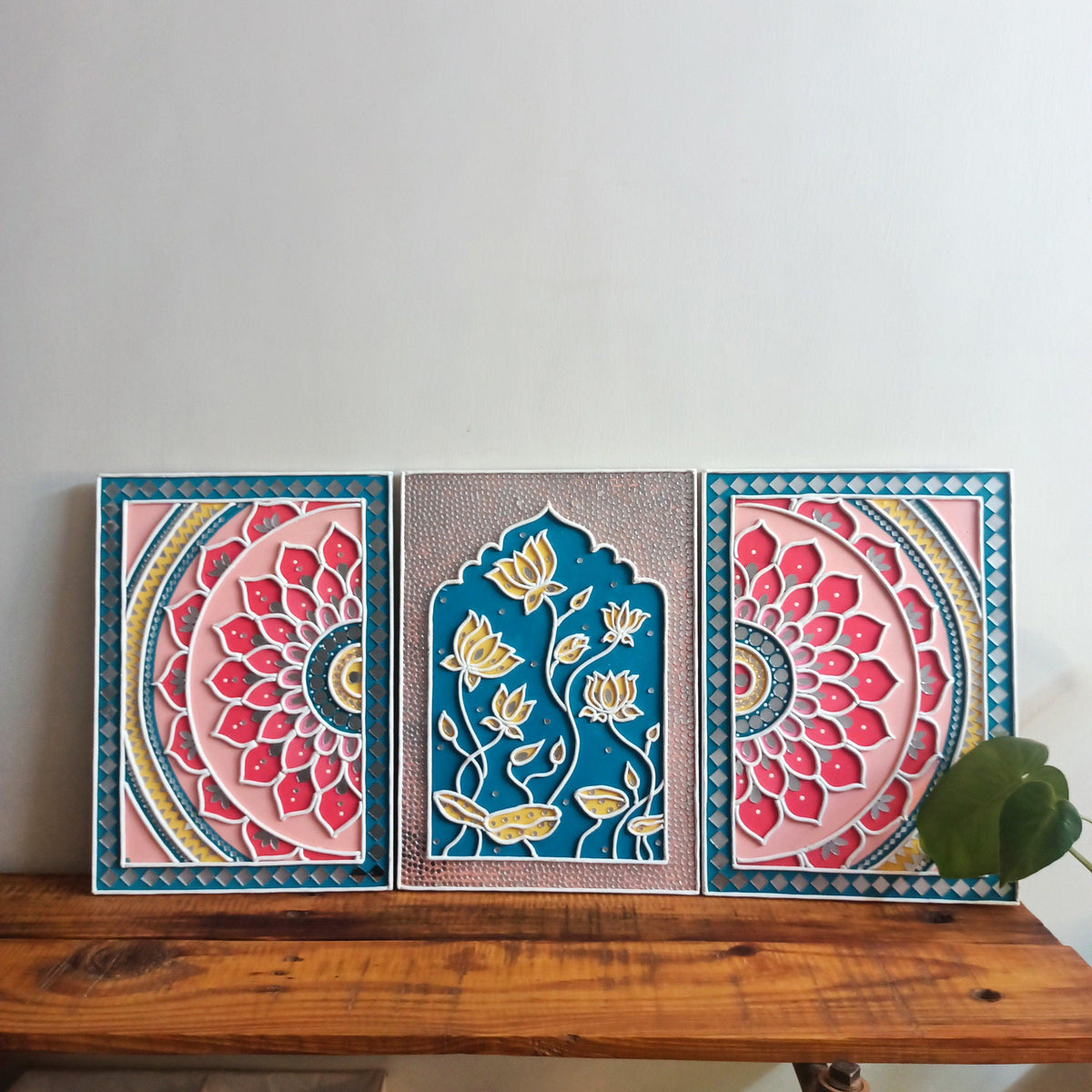 Lotus Lippan Wall Art Set of 3, Mud Mirror Indian Folk Decor