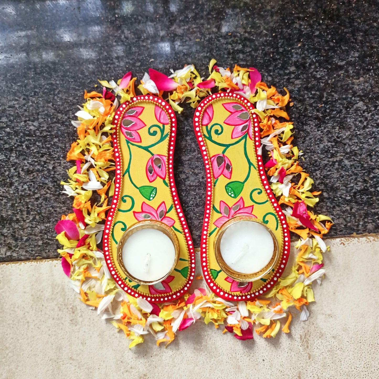 Charan Paduka Tealight Holder, Hand Painted Indian Pooja Decor