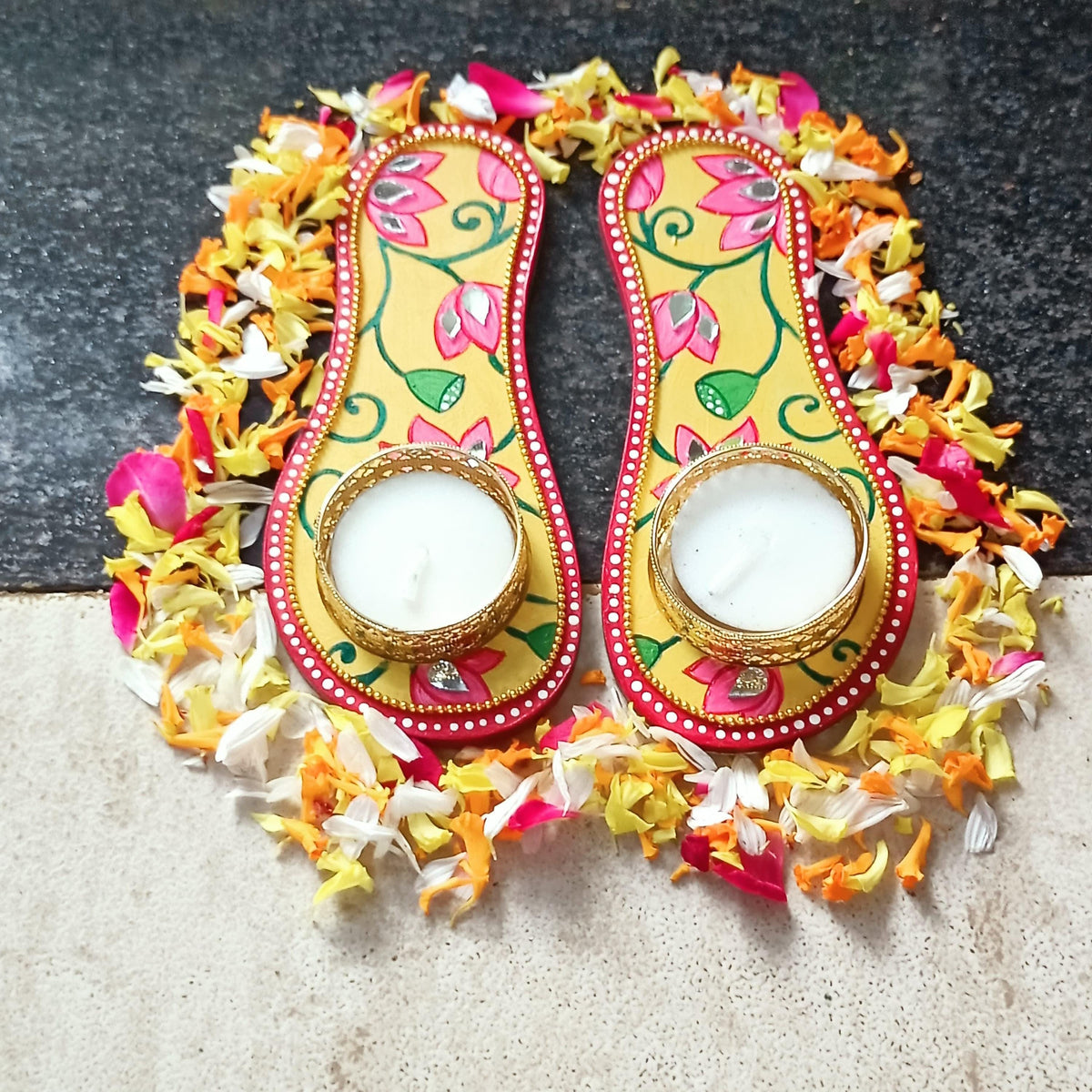 Charan Paduka Tealight Holder, Hand Painted Indian Pooja Decor