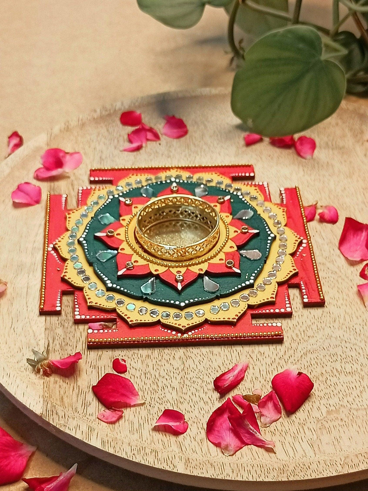 Maha Lakshmi Yantra Tealight Holder, Hand Painted Pooja Decor