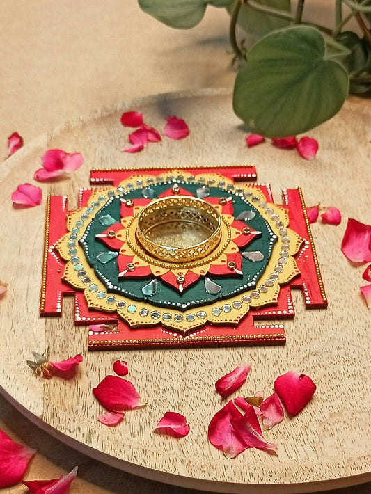 Maha Lakshmi Yantra Tealight Holder, Hand Painted Pooja Decor