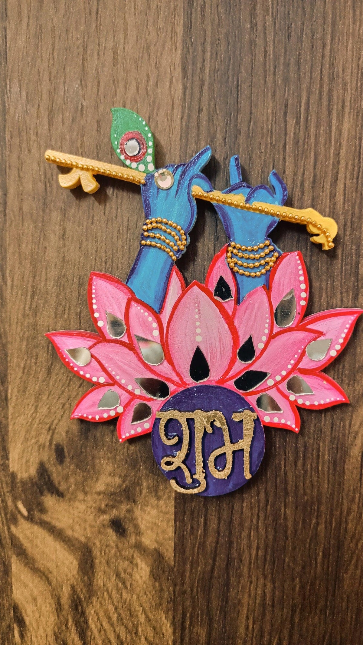 Krishna Shubh Labh Wall Decor, Hand Painted Indian Pooja Art