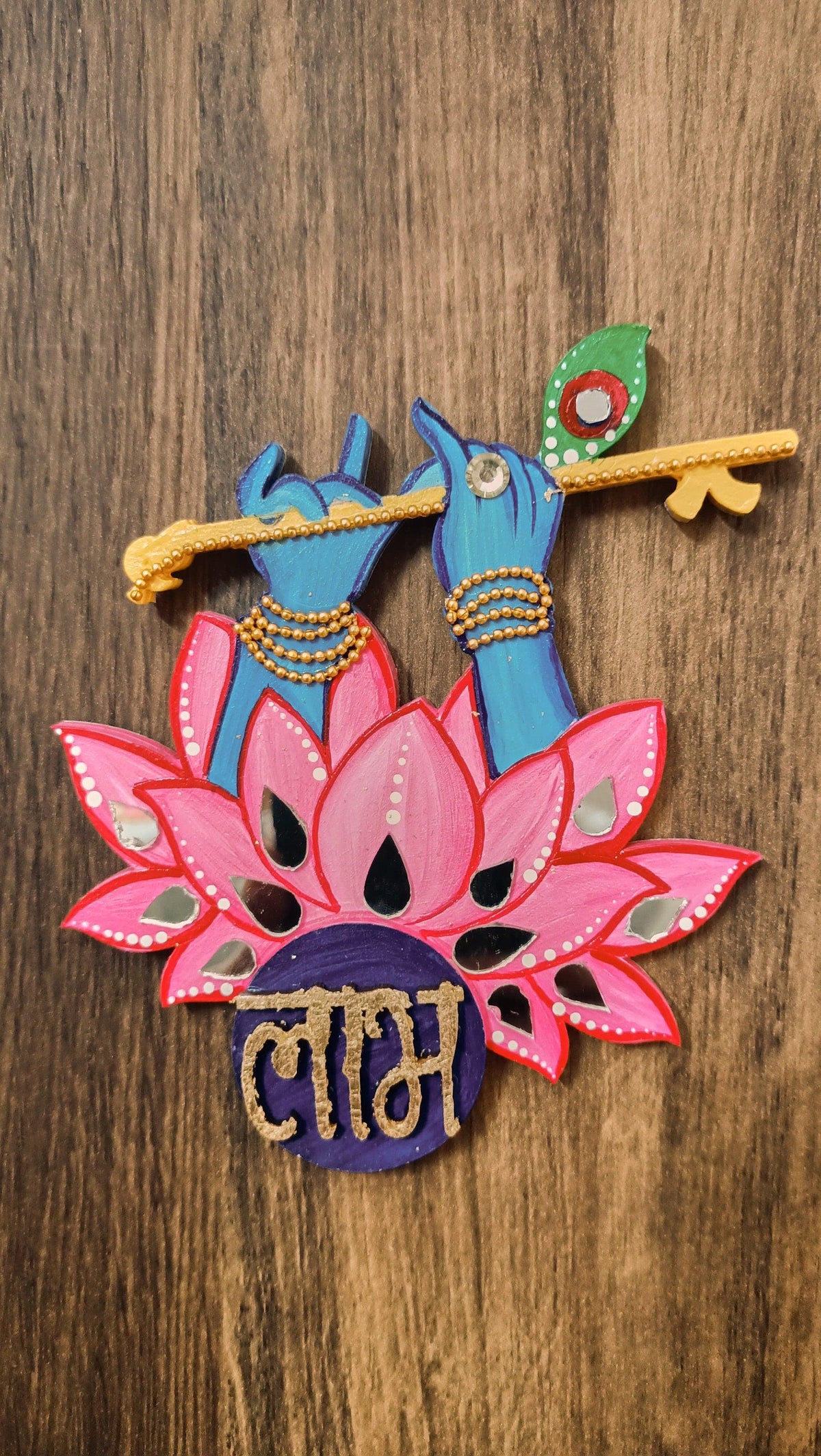 Krishna Shubh Labh Wall Decor, Hand Painted Indian Pooja Art