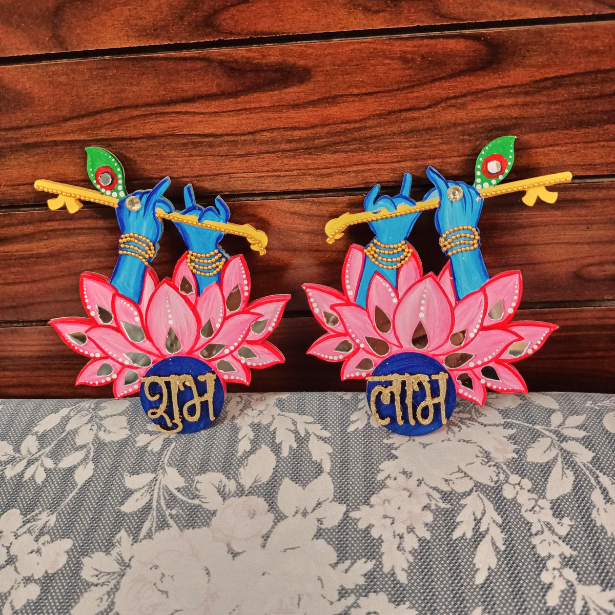 Krishna Shubh Labh Wall Decor, Hand Painted Indian Pooja Art