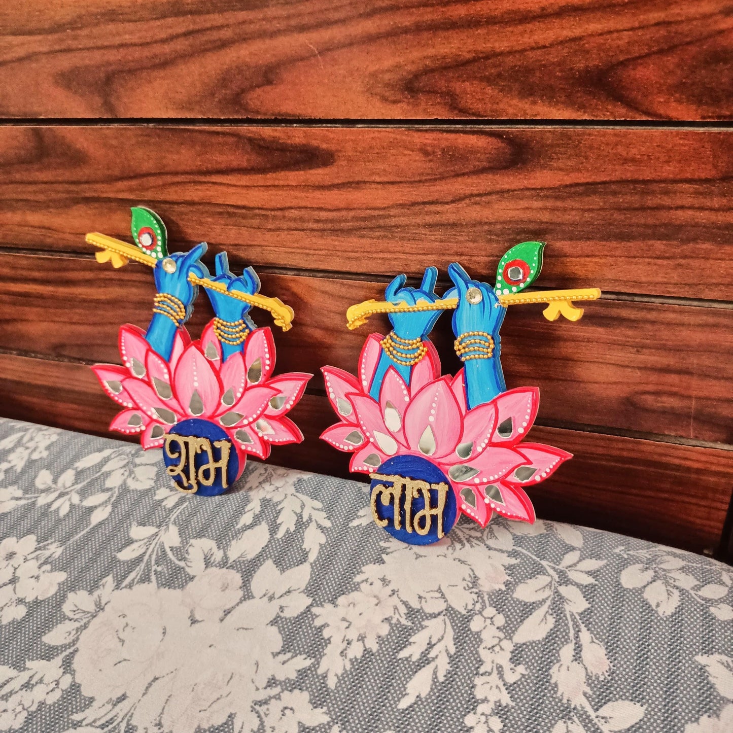 Krishna Shubh Labh Wall Decor, Hand Painted Indian Pooja Art