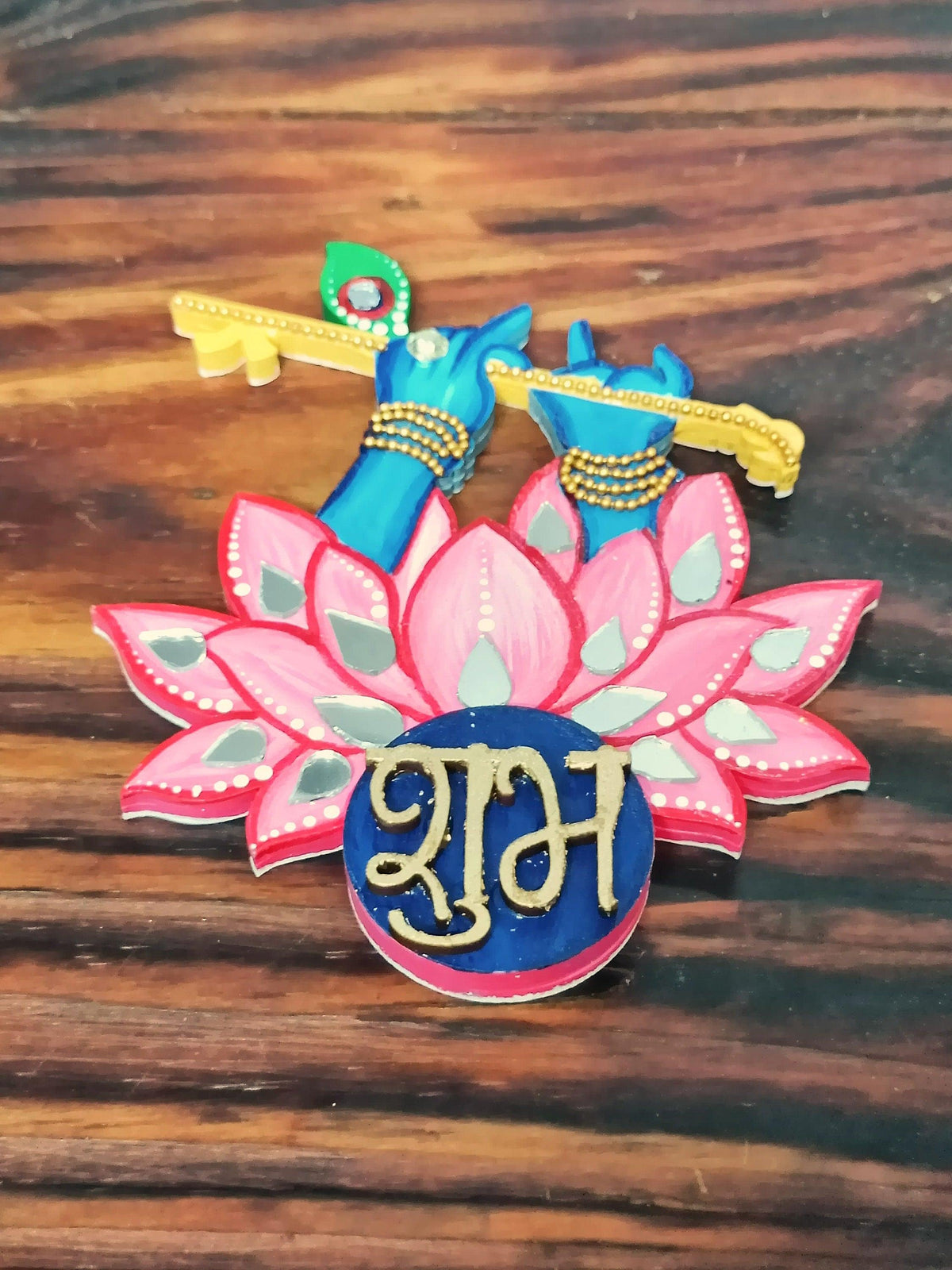 Krishna Shubh Labh Wall Decor, Hand Painted Indian Pooja Art