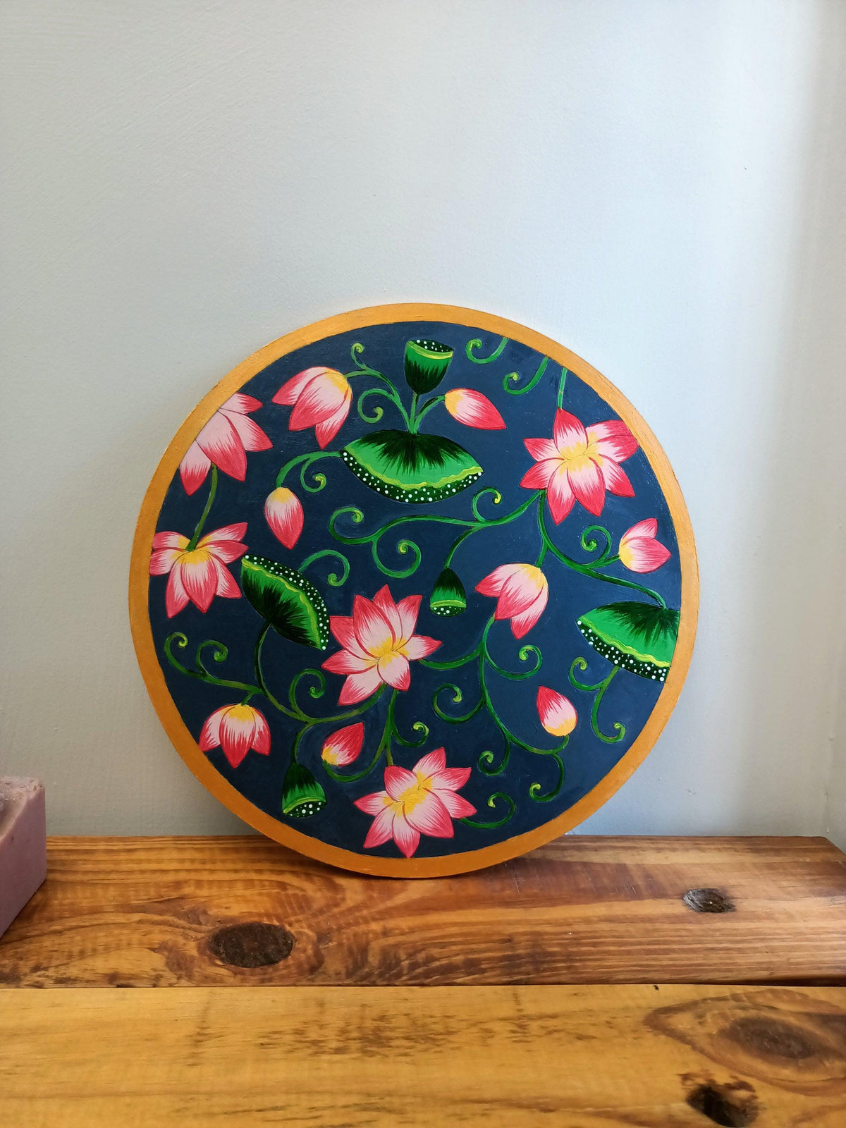 Lotus Pond Pichwai Wall Art, Hand Painted Indian Folk Decor