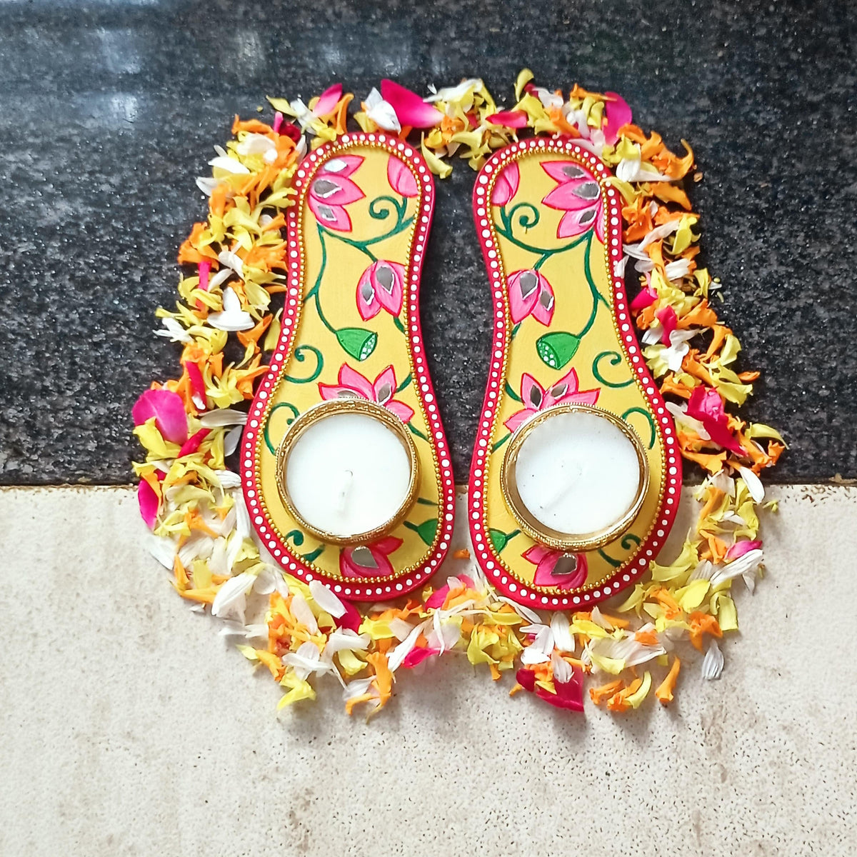 Charan Paduka Tealight Holder, Hand Painted Indian Pooja Decor