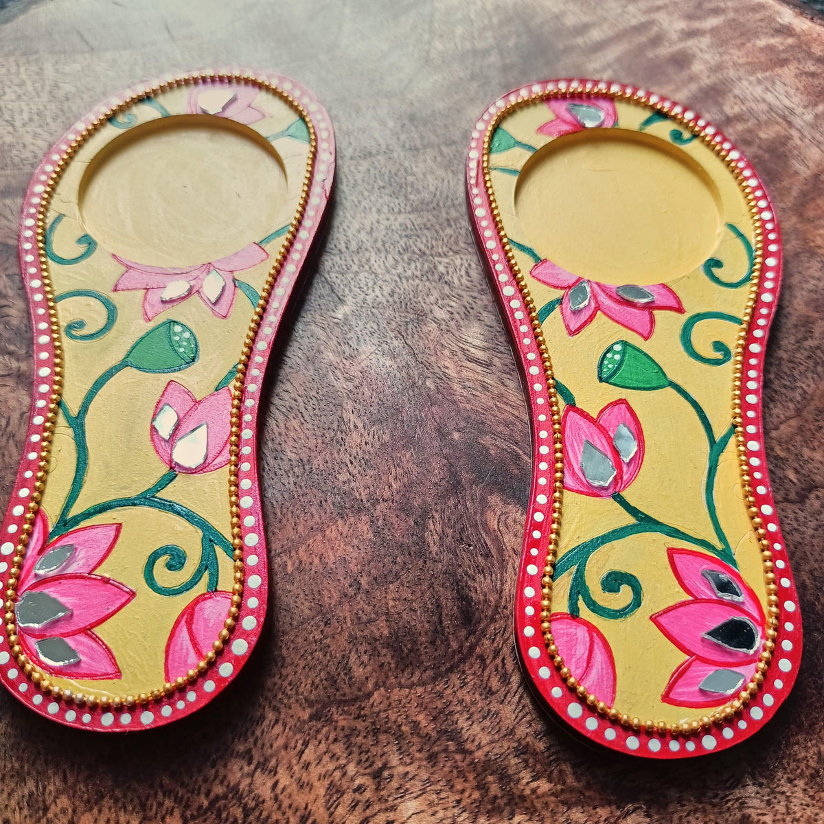 Charan Paduka Tealight Holder, Hand Painted Indian Pooja Decor