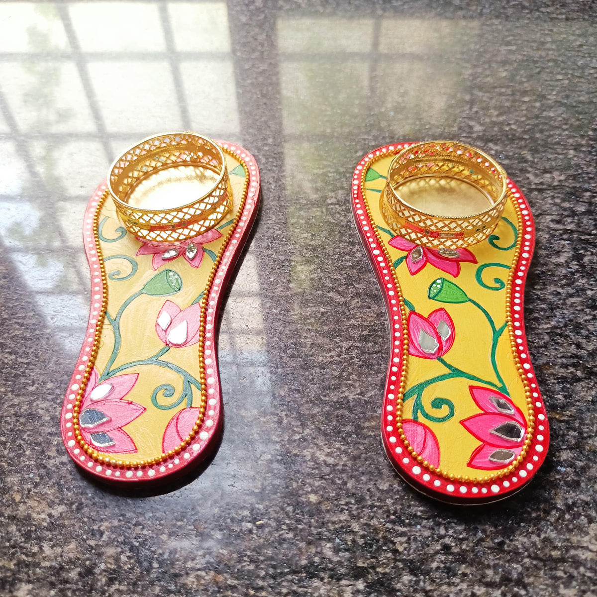 Charan Paduka Tealight Holder, Hand Painted Indian Pooja Decor