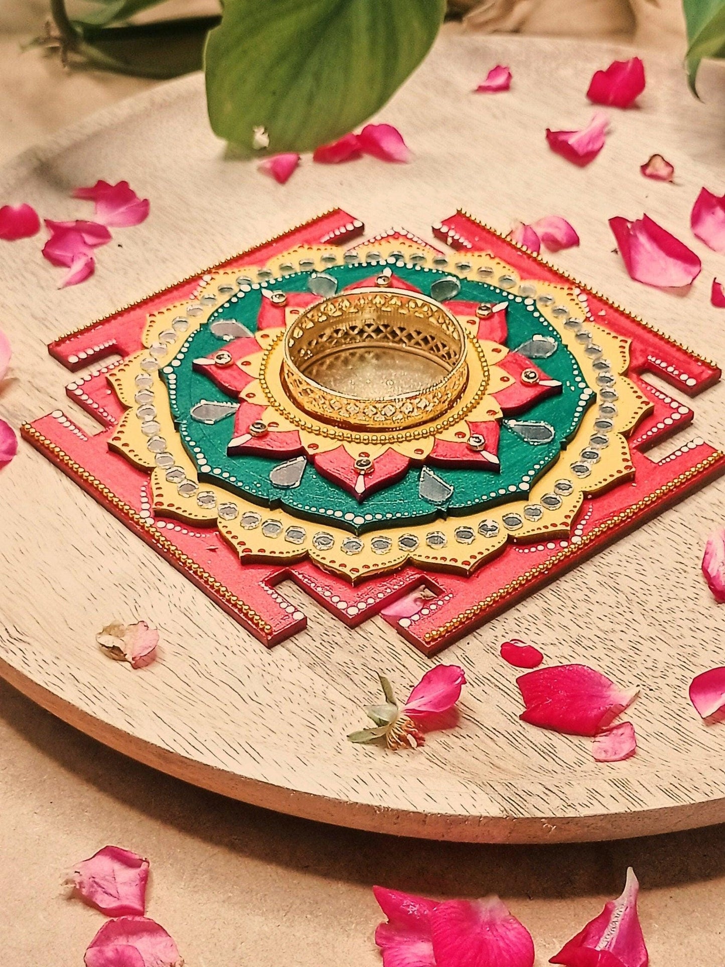 Maha Lakshmi Yantra Tealight Holder, Hand Painted Pooja Decor