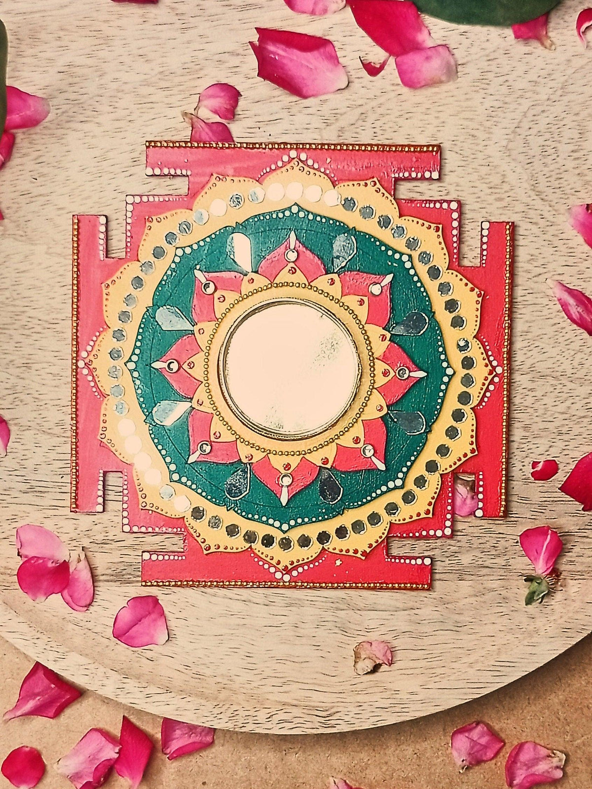 Maha Lakshmi Yantra Tealight Holder, Hand Painted Pooja Decor