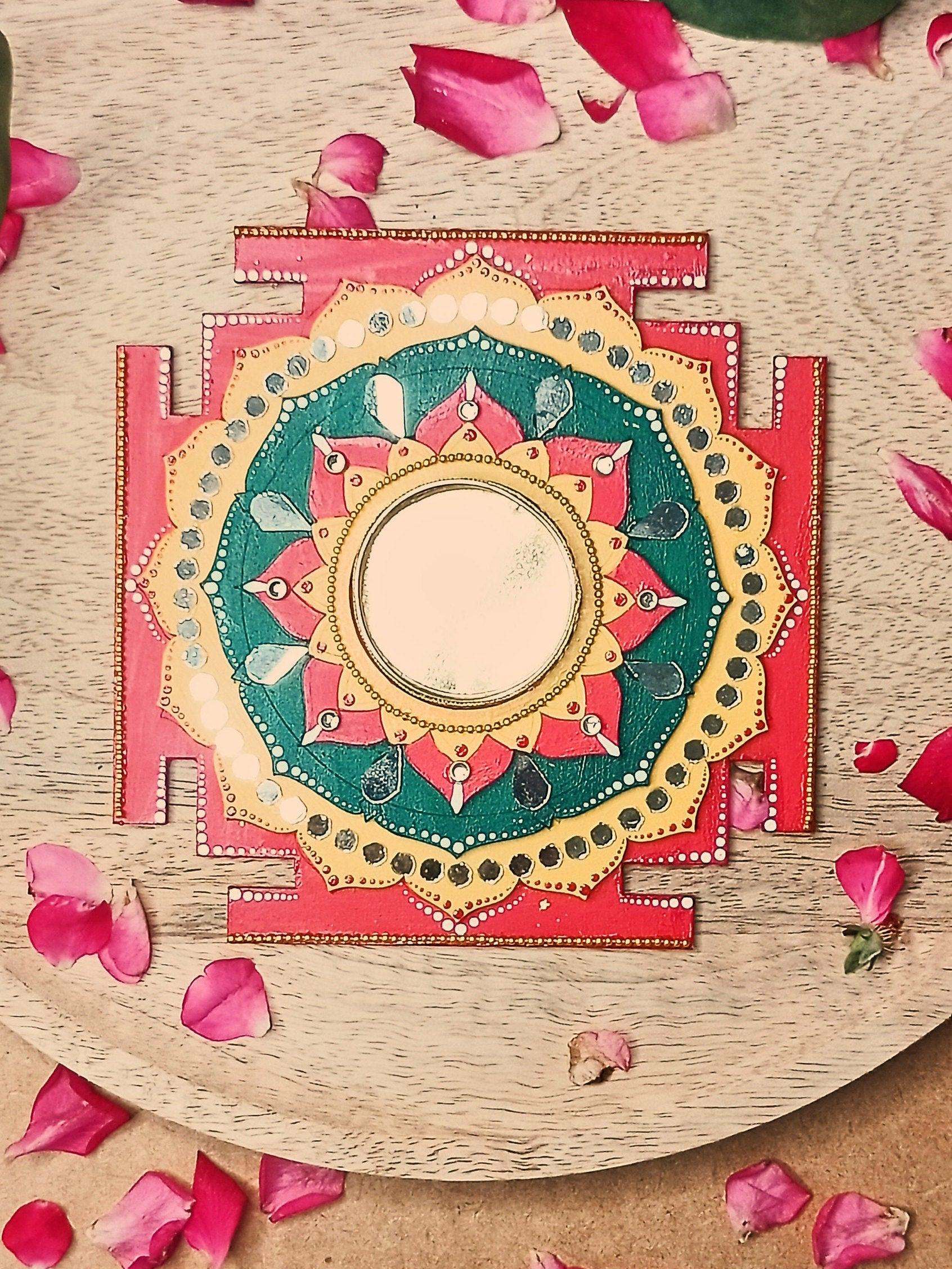 Maha Lakshmi Yantra Tealight Holder, Hand Painted Pooja Decor