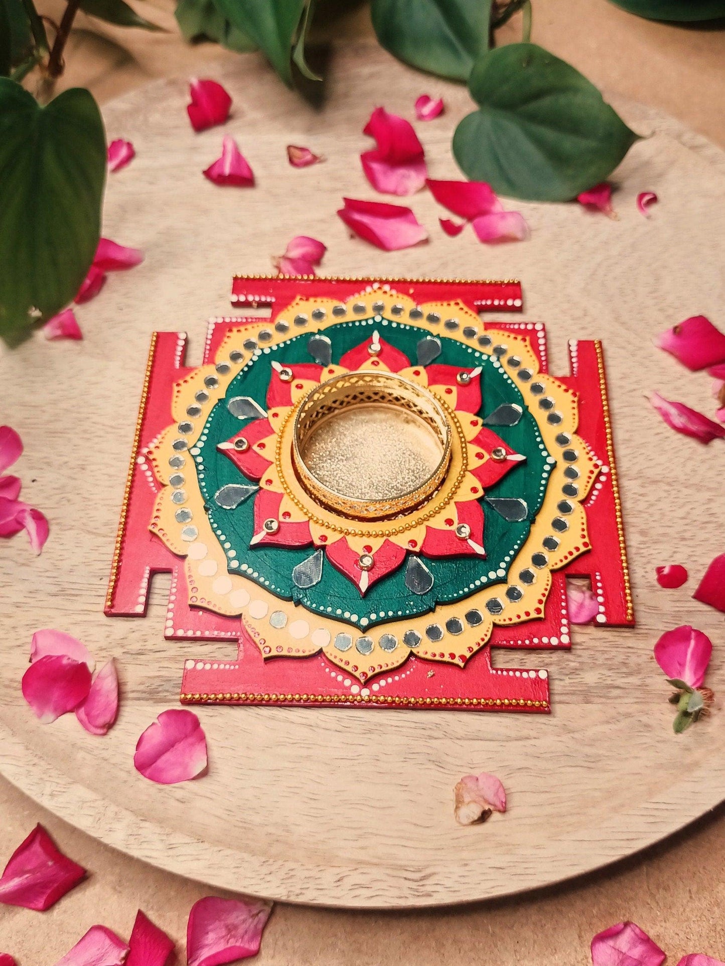Maha Lakshmi Yantra Tealight Holder, Hand Painted Pooja Decor