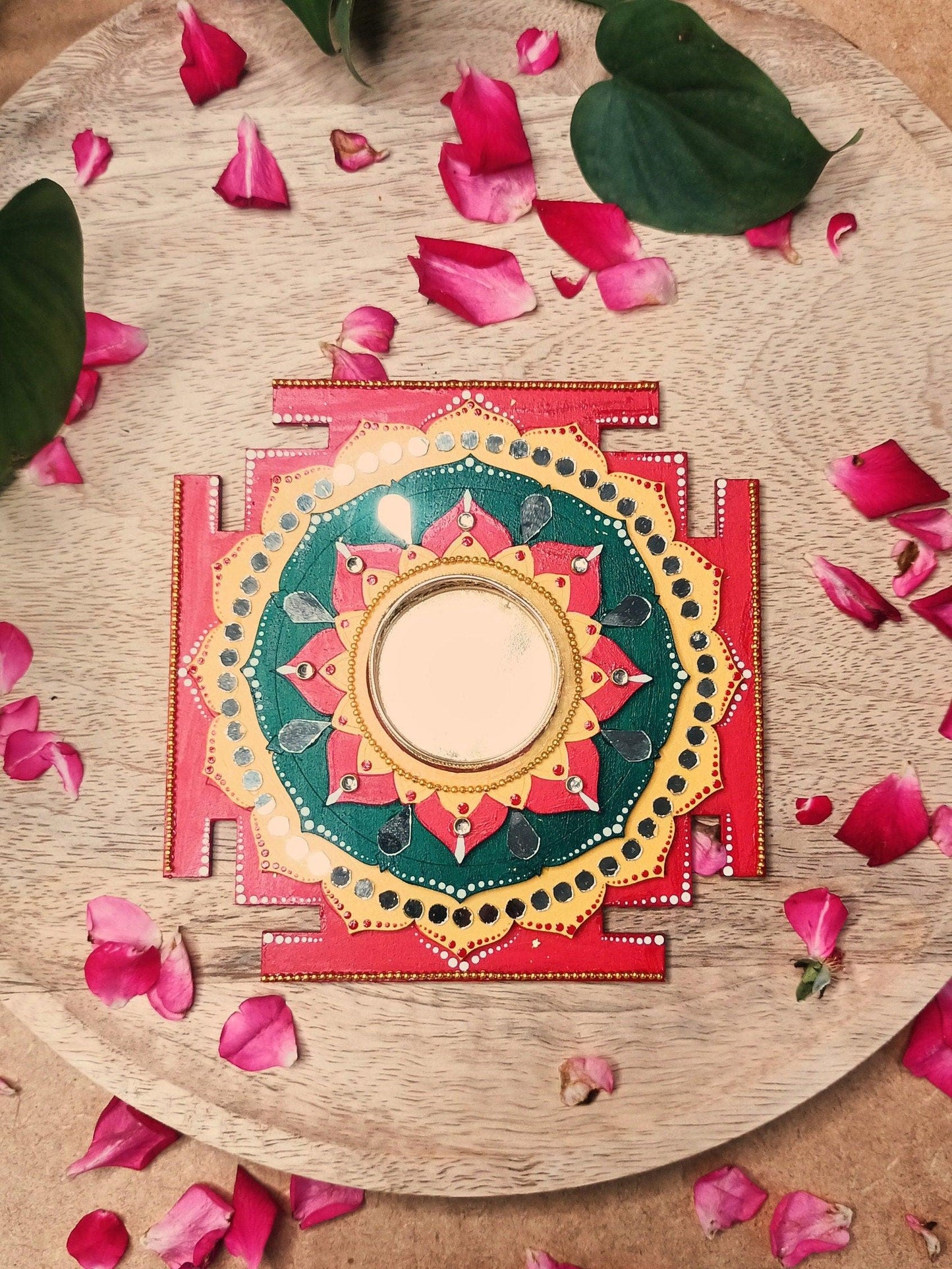 Maha Lakshmi Yantra Tealight Holder, Hand Painted Pooja Decor