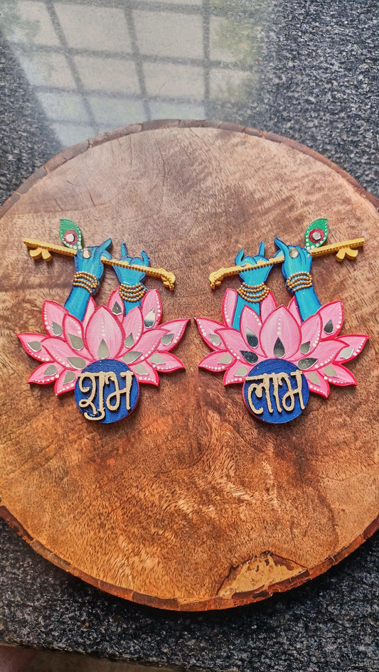 Krishna Shubh Labh Wall Decor, Hand Painted Indian Pooja Art