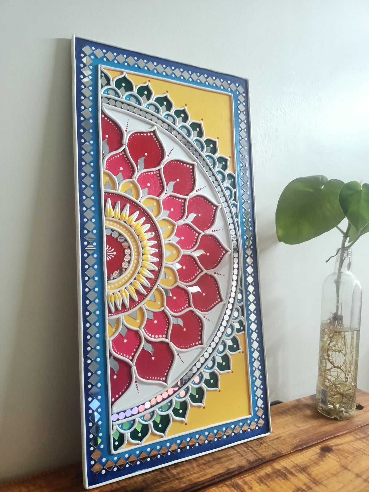 Vertical Lippan Mandala Wall Art, Mud Mirror Indian Folk Decor