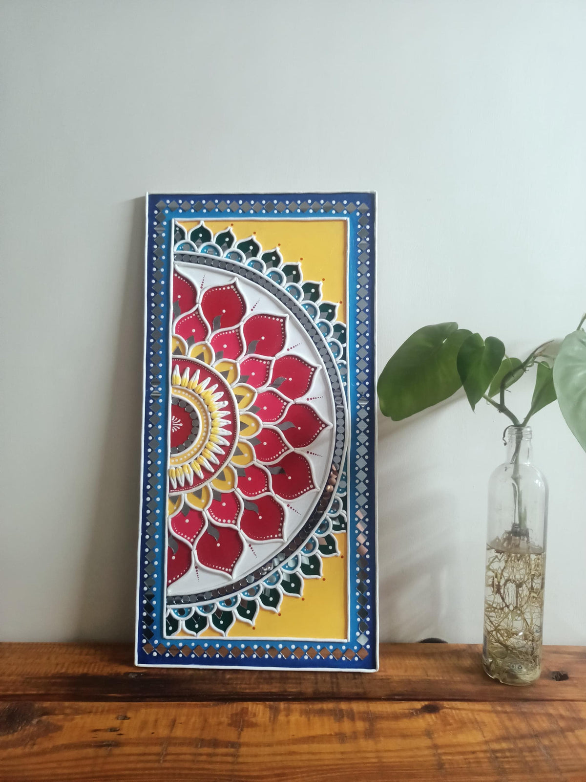Vertical Lippan Mandala Wall Art, Mud Mirror Indian Folk Decor