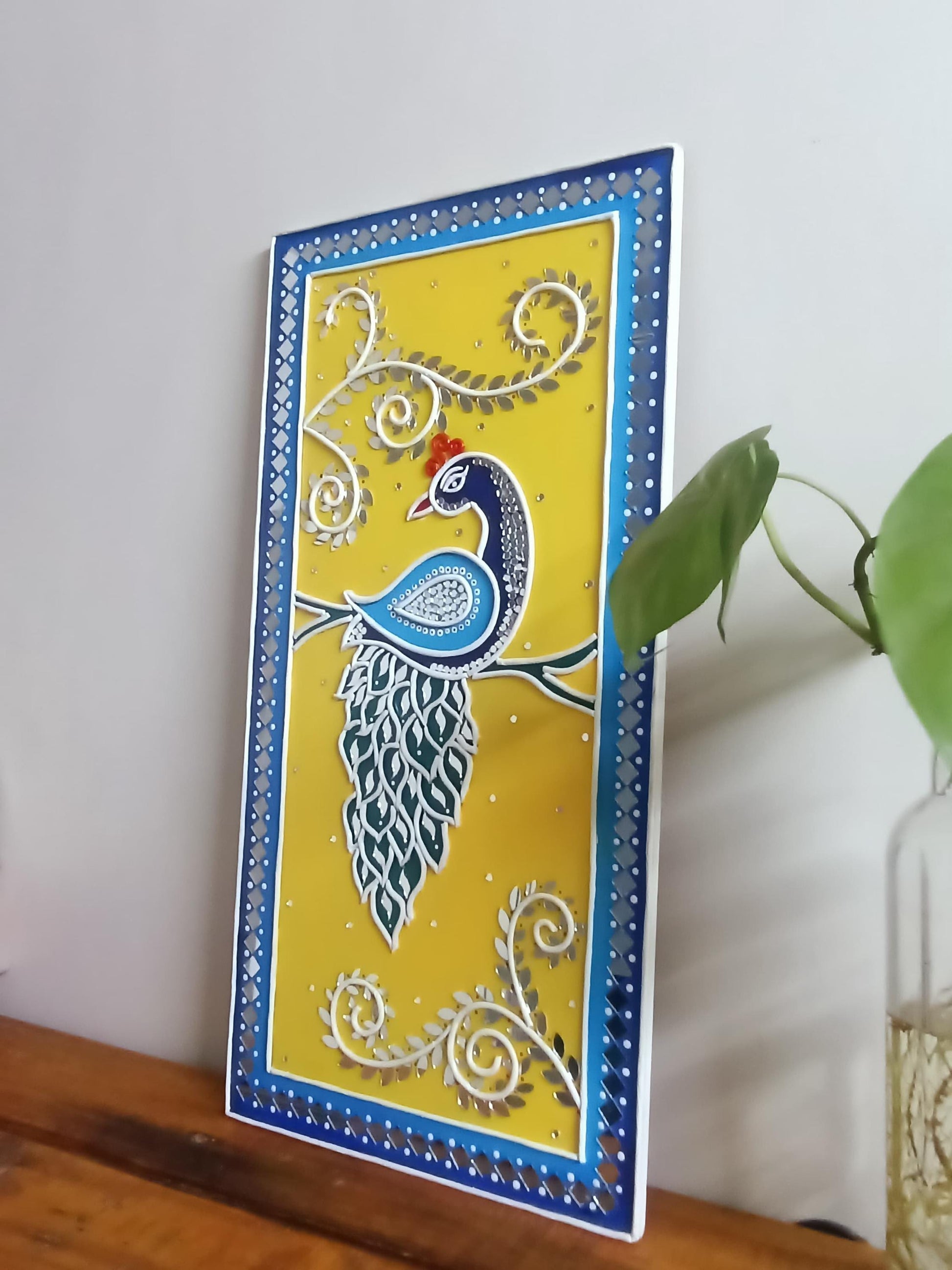 Peacock Lippan Wall Art Set of 3, Mud Mirror Indian Folk Decor