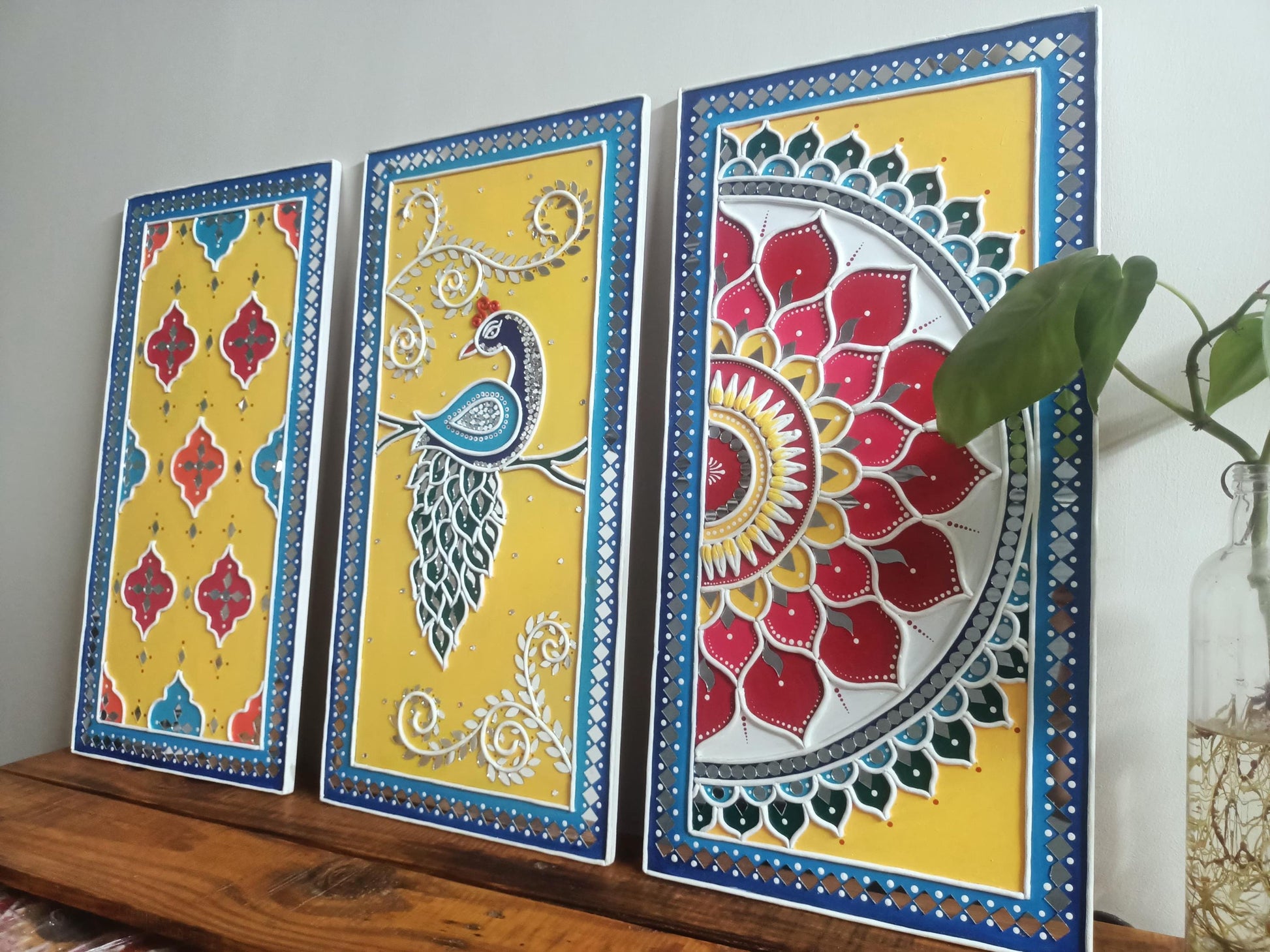 Peacock Lippan Wall Art Set of 3, Mud Mirror Indian Folk Decor
