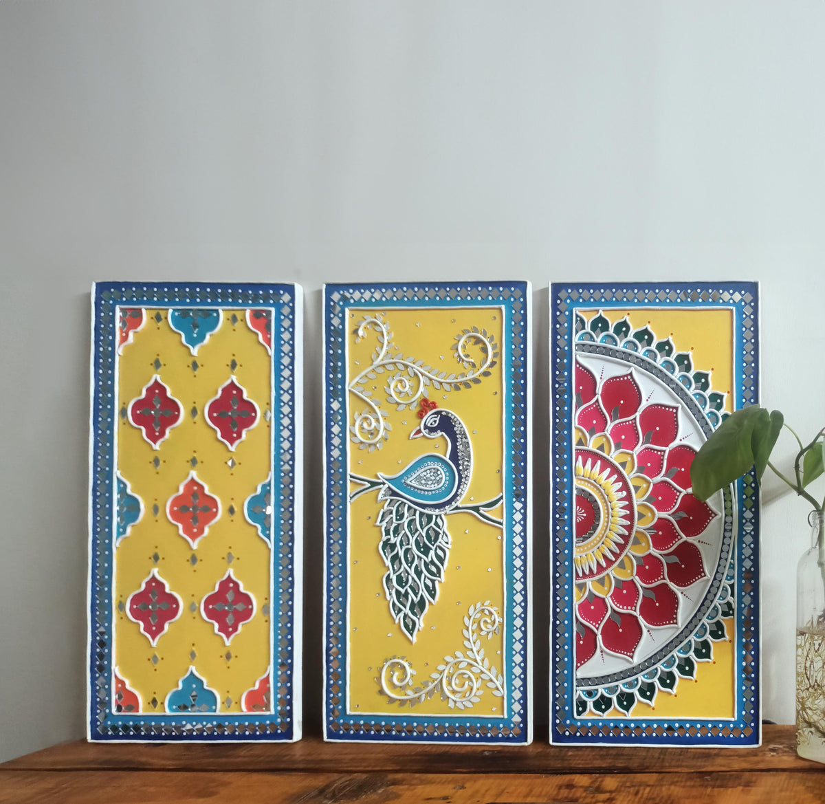 Peacock Lippan Wall Art Set of 3, Mud Mirror Indian Folk Decor