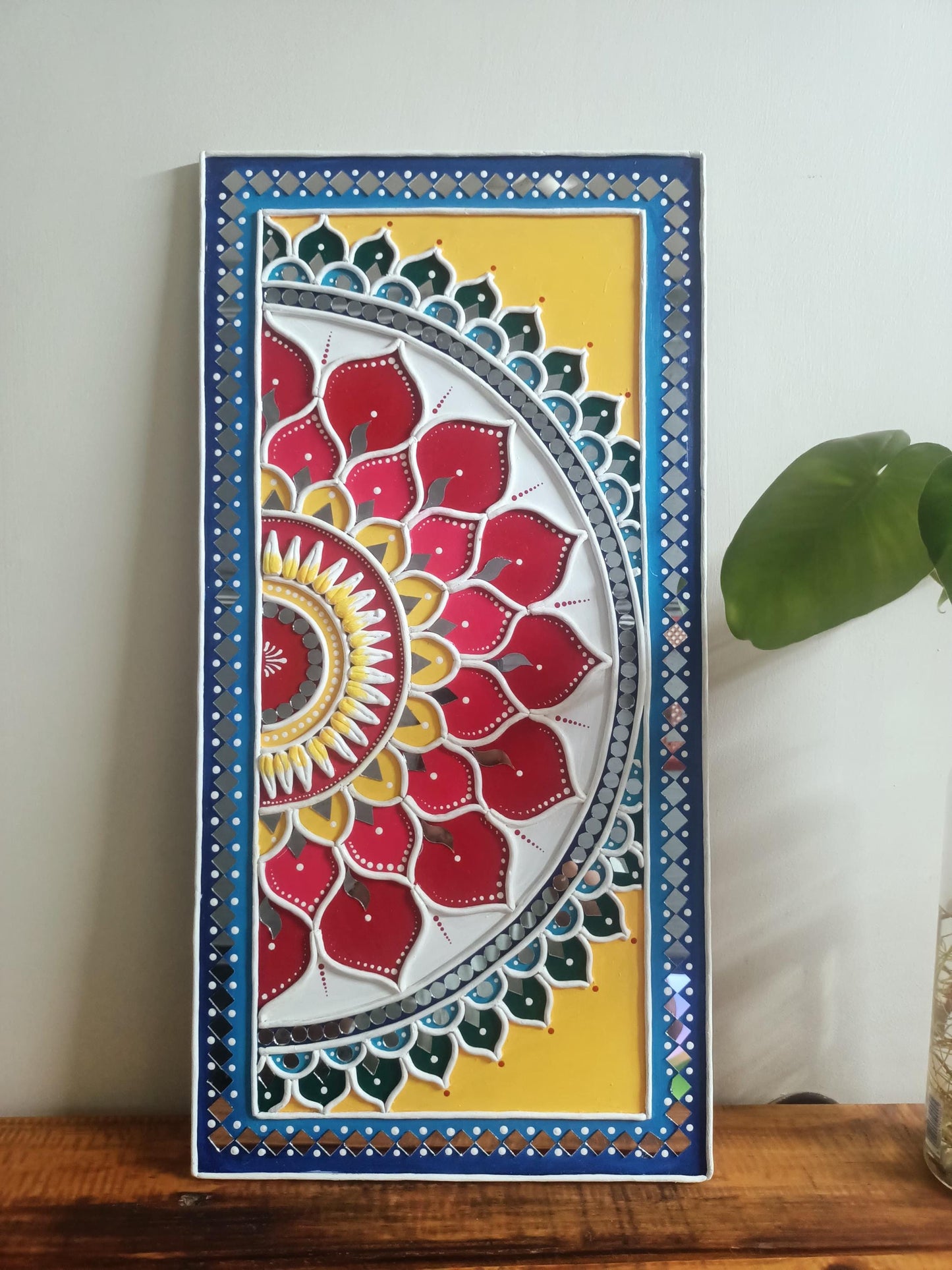 Vertical Lippan Mandala Wall Art, Mud Mirror Indian Folk Decor