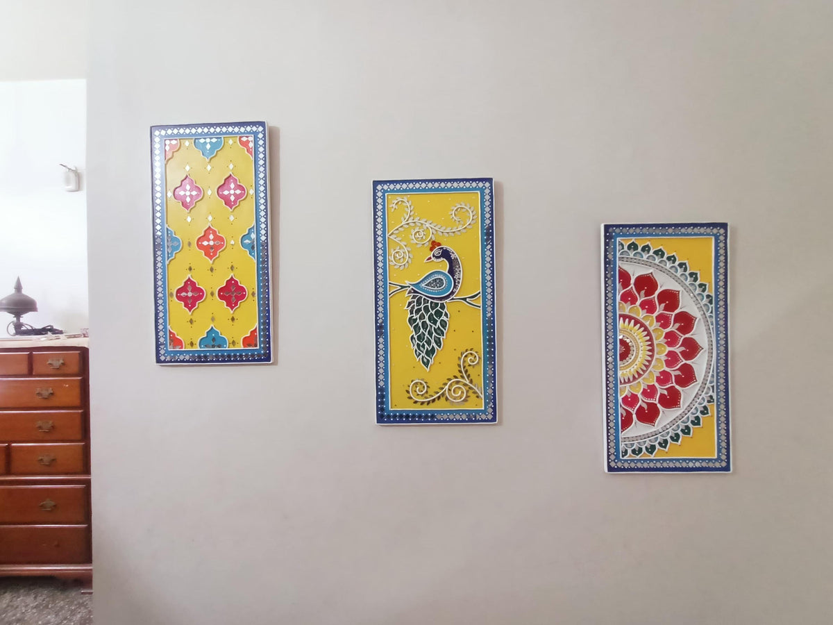 Peacock Lippan Wall Art Set of 3, Mud Mirror Indian Folk Decor
