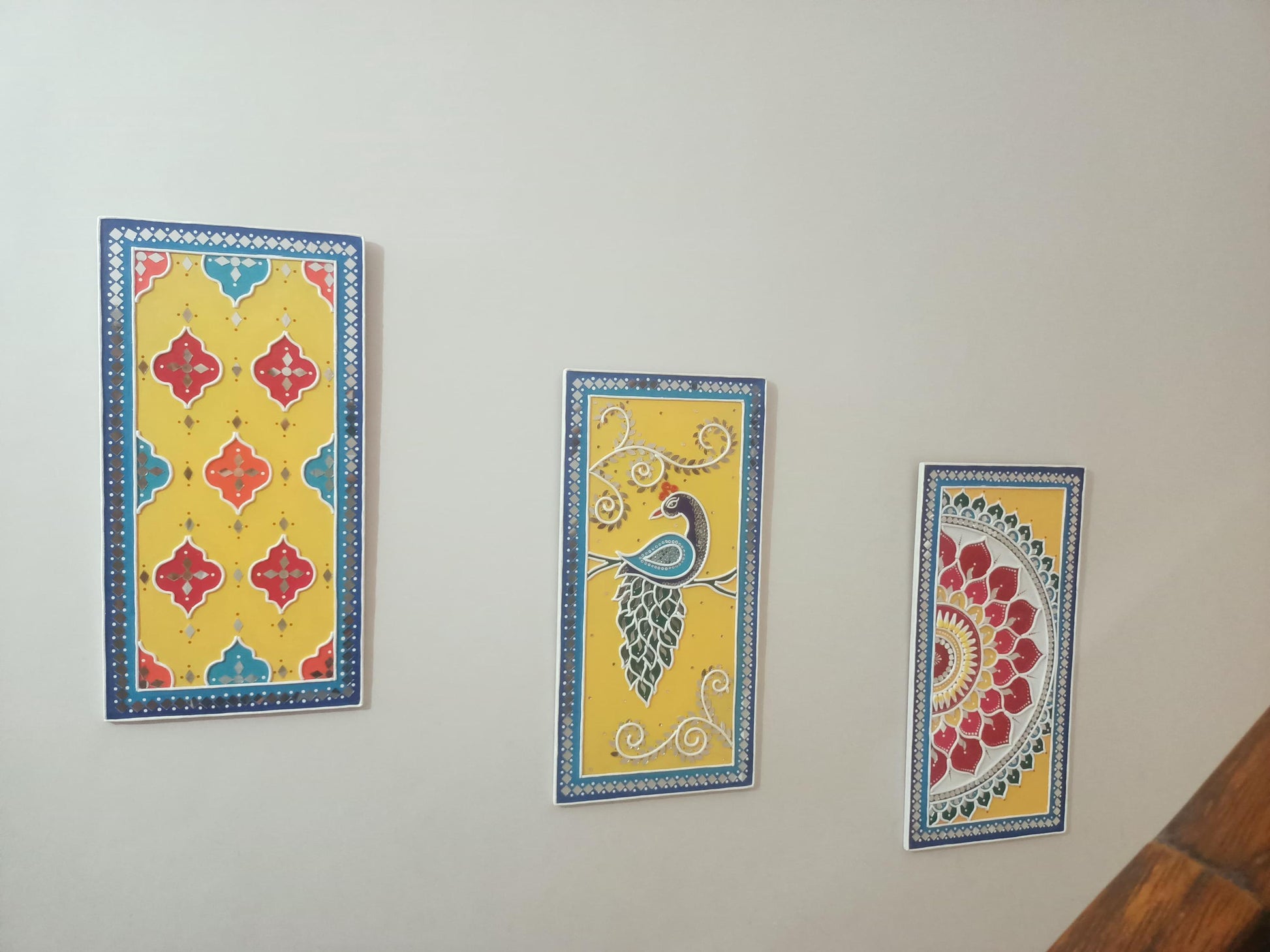 Peacock Lippan Wall Art Set of 3, Mud Mirror Indian Folk Decor