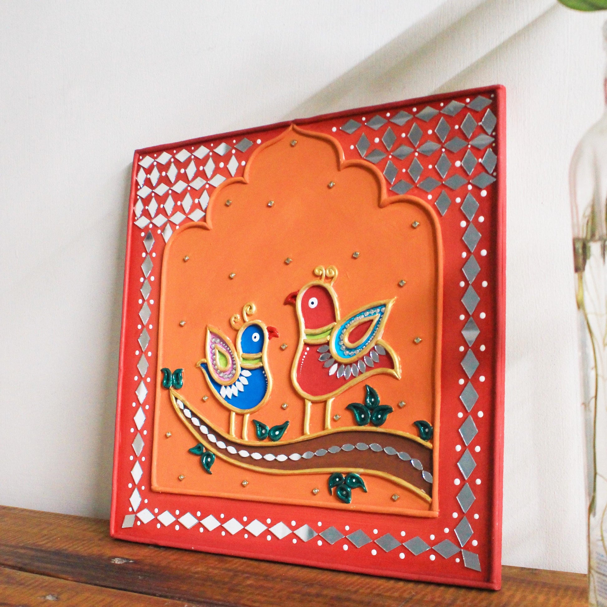 Lippan Bird Couple Wall Art, Mud Mirror Indian Folk Decor