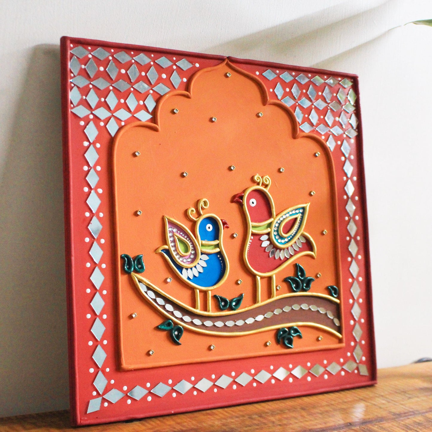 Lippan Bird Couple Wall Art, Mud Mirror Indian Folk Decor