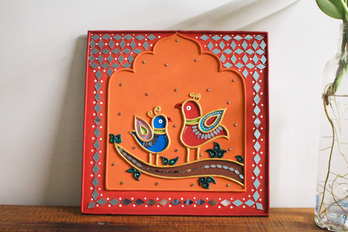 Lippan Bird Couple Wall Art, Mud Mirror Indian Folk Decor