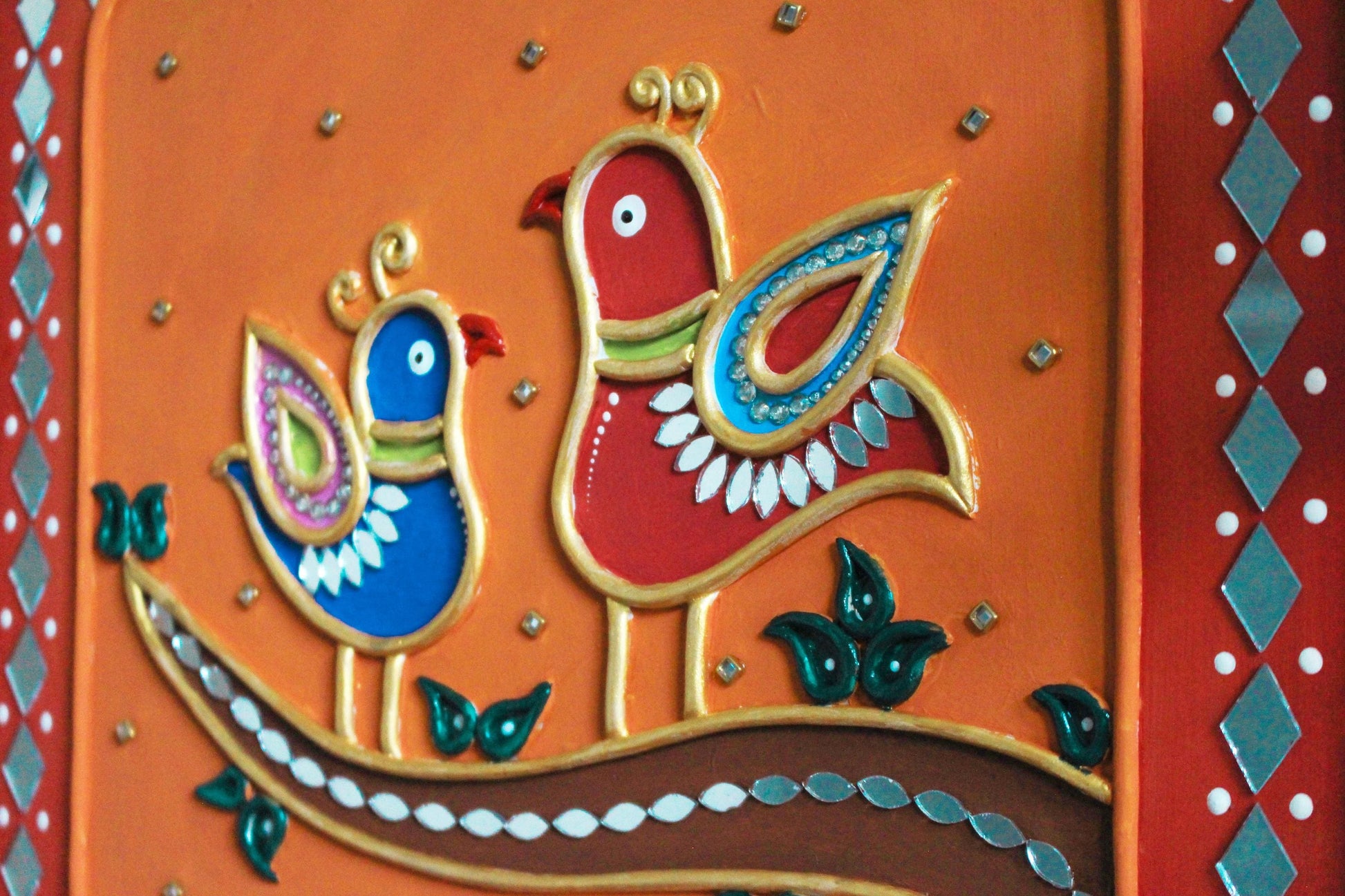 Lippan Bird Couple Wall Art, Mud Mirror Indian Folk Decor