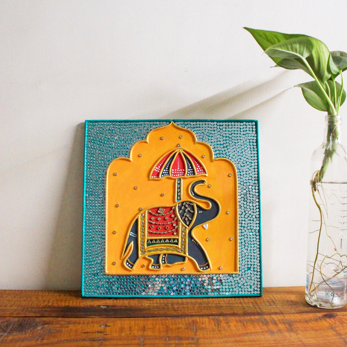 Maharaja Elephant Lippan Art, Mud Mirror Indian Folk Decor