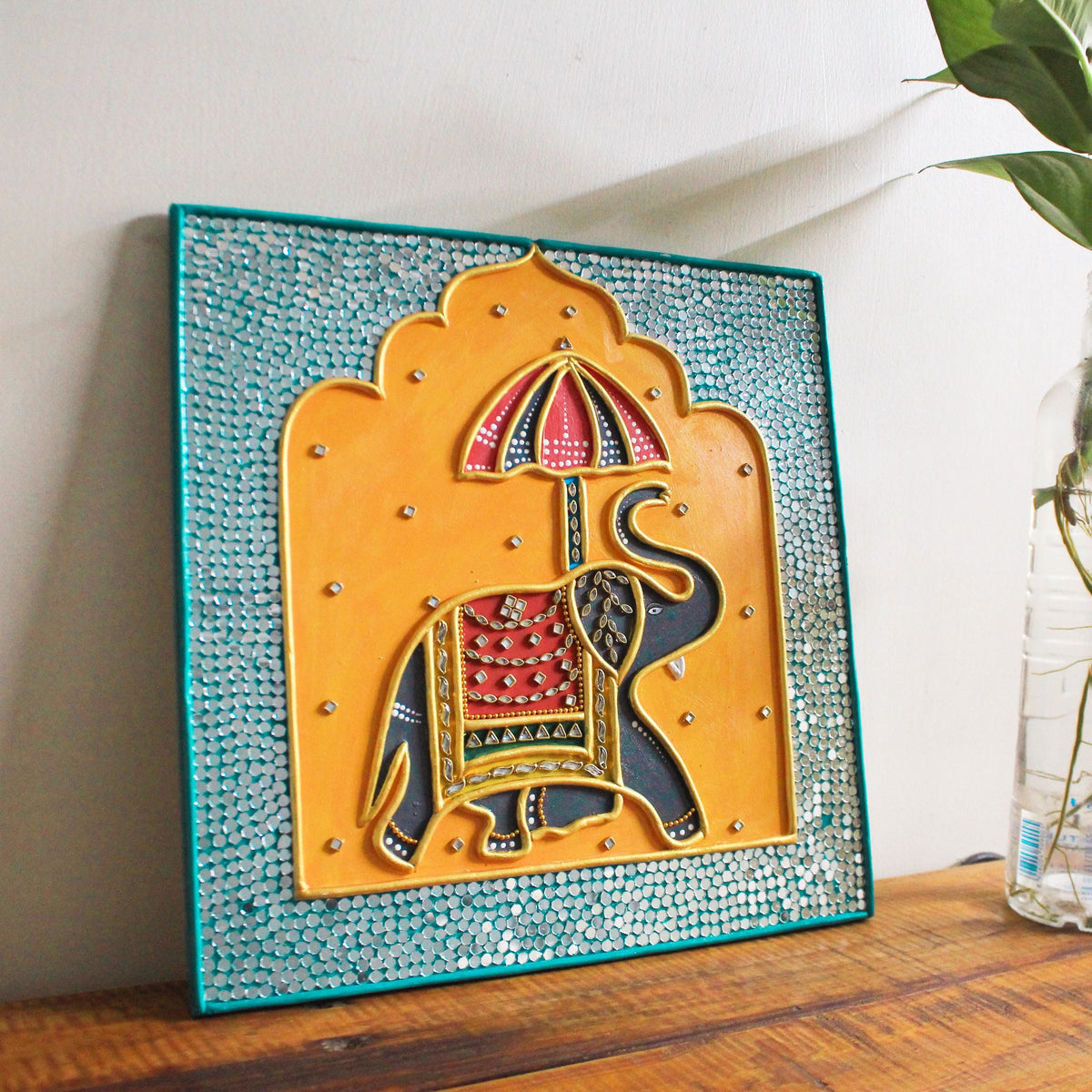 Maharaja Elephant Lippan Art, Mud Mirror Indian Folk Decor