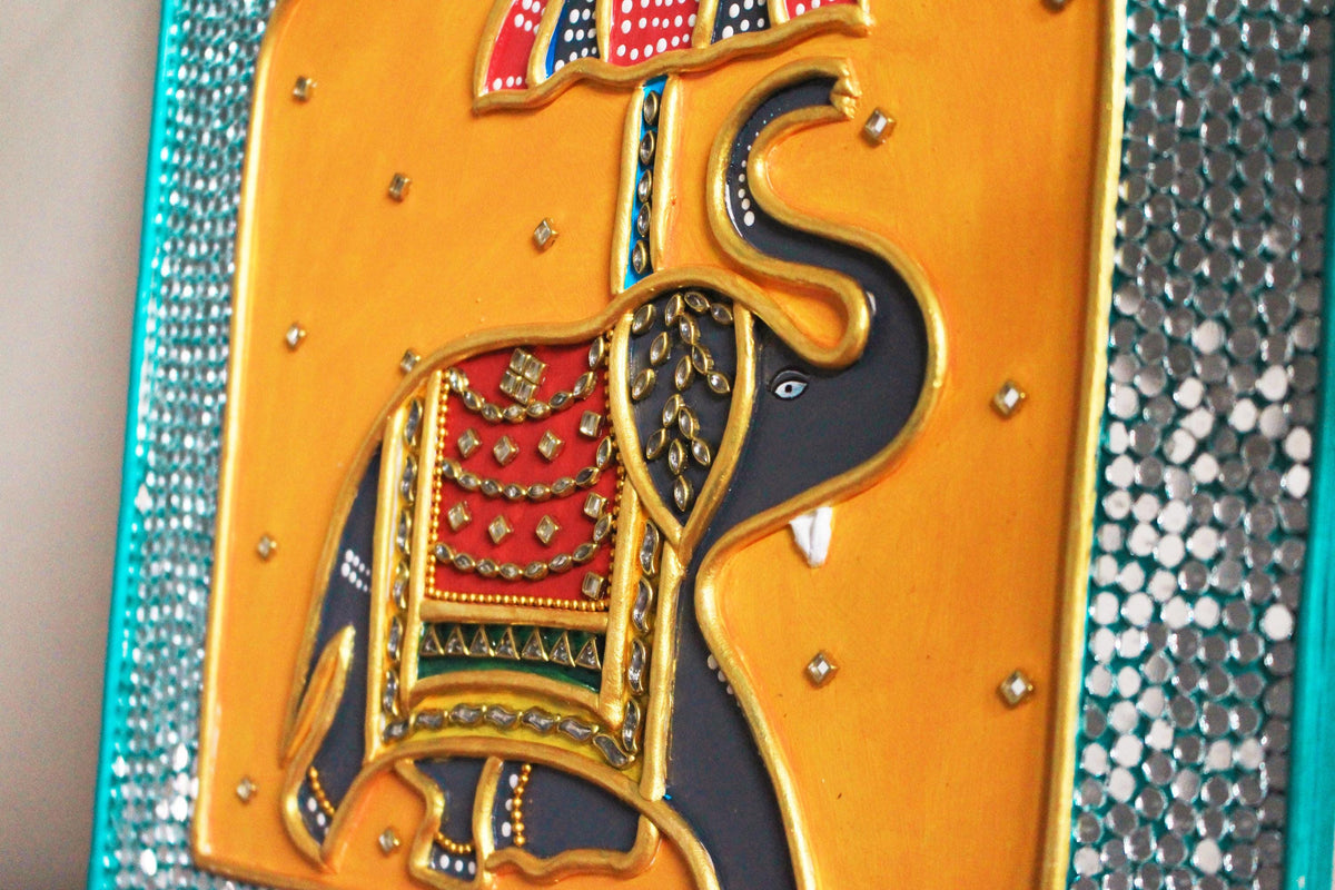 Maharaja Elephant Lippan Art, Mud Mirror Indian Folk Decor