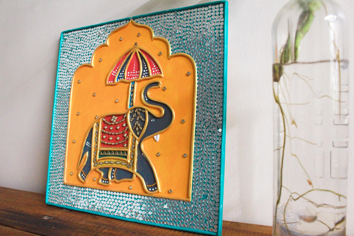 Maharaja Elephant Lippan Art, Mud Mirror Indian Folk Decor