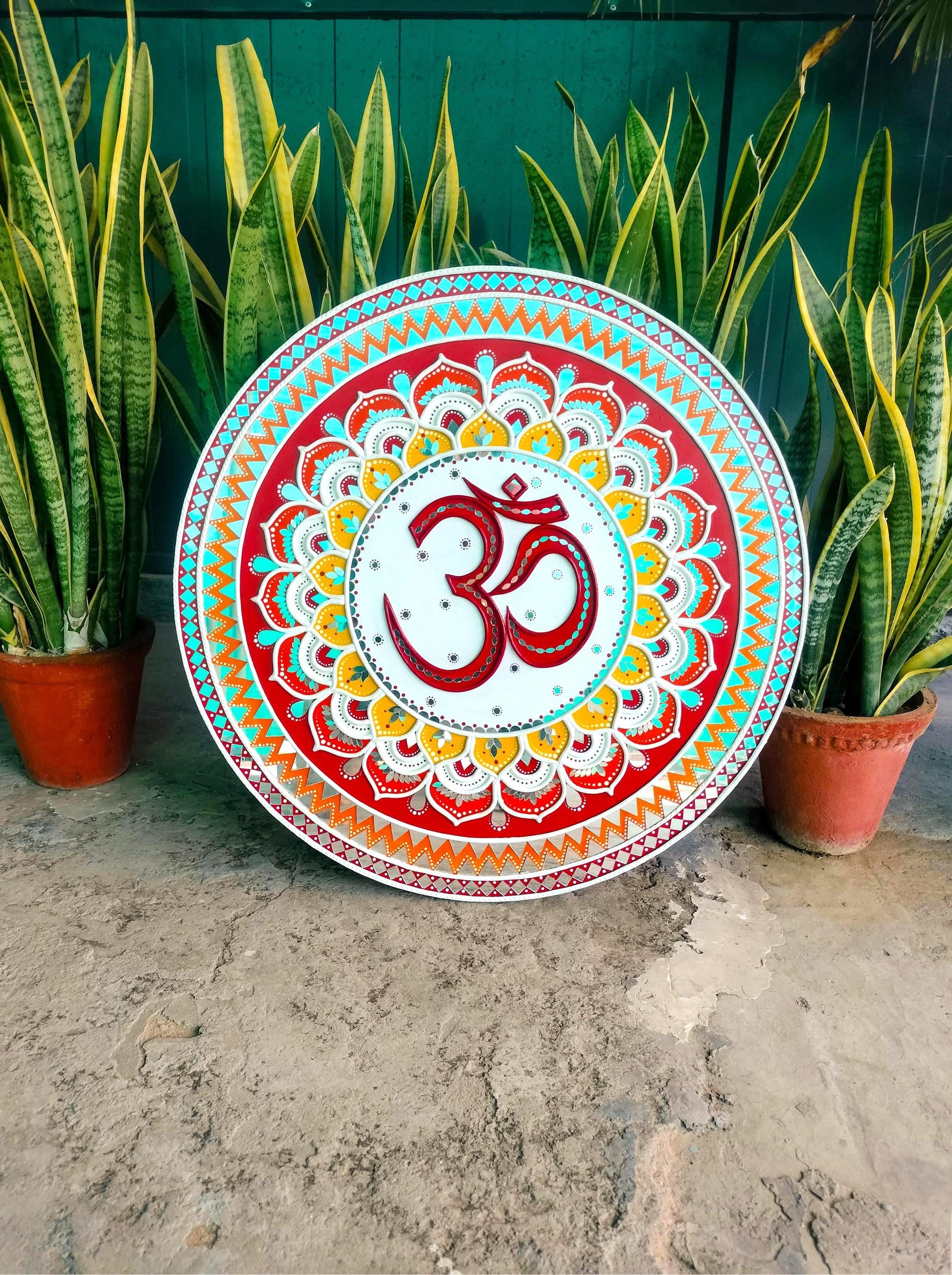 Om Lippan Mandala Wall Art, Mud Mirror Indian Folk Decor