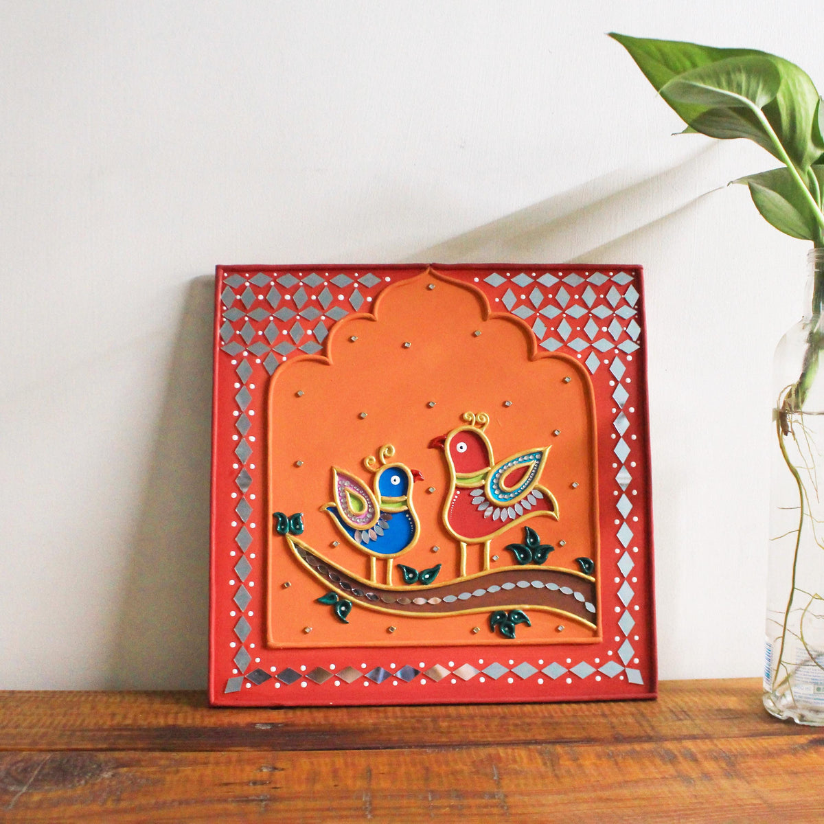 Lippan Bird Couple Wall Art, Mud Mirror Indian Folk Decor