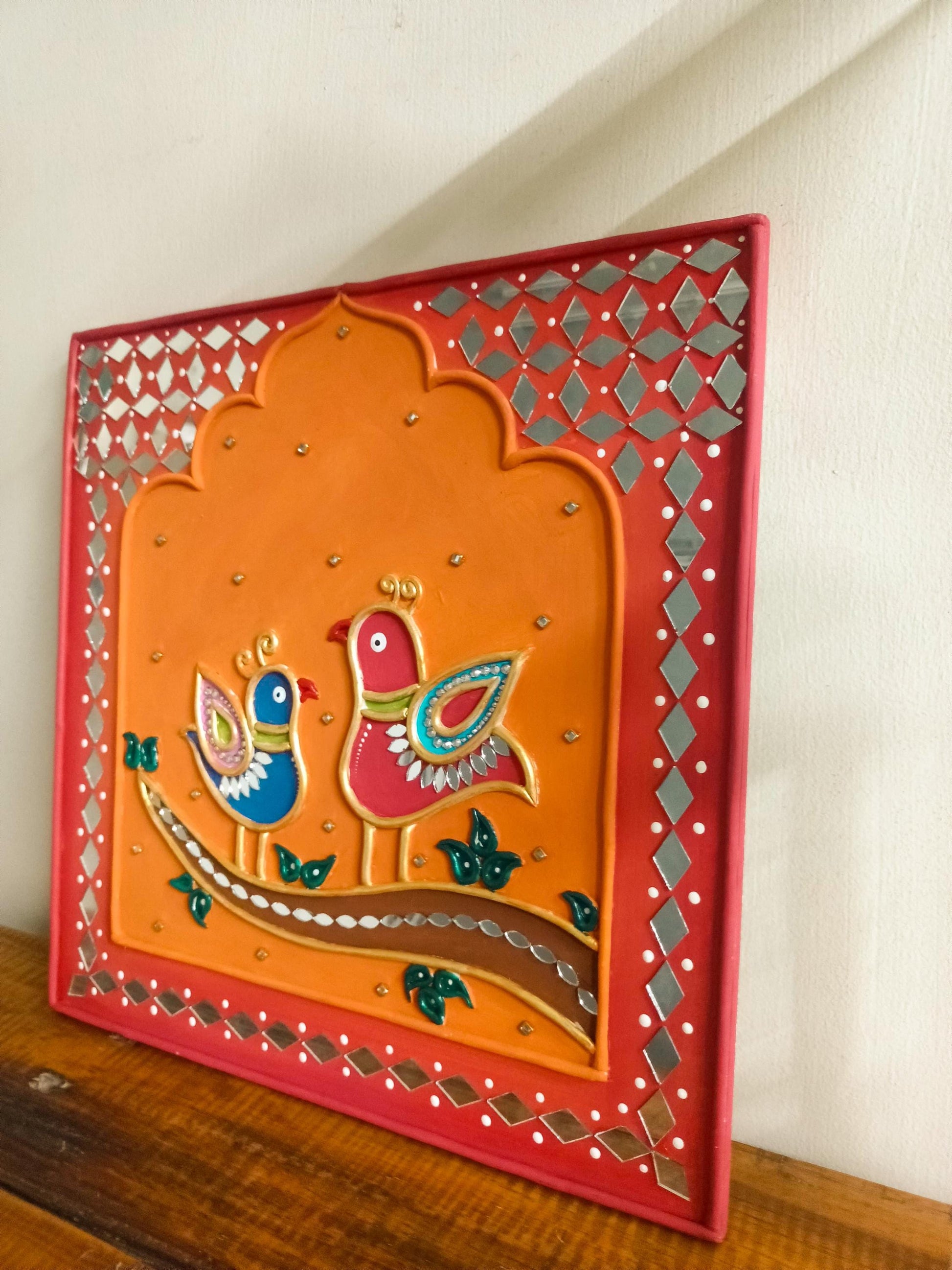 Lippan Bird Couple Wall Art, Mud Mirror Indian Folk Decor