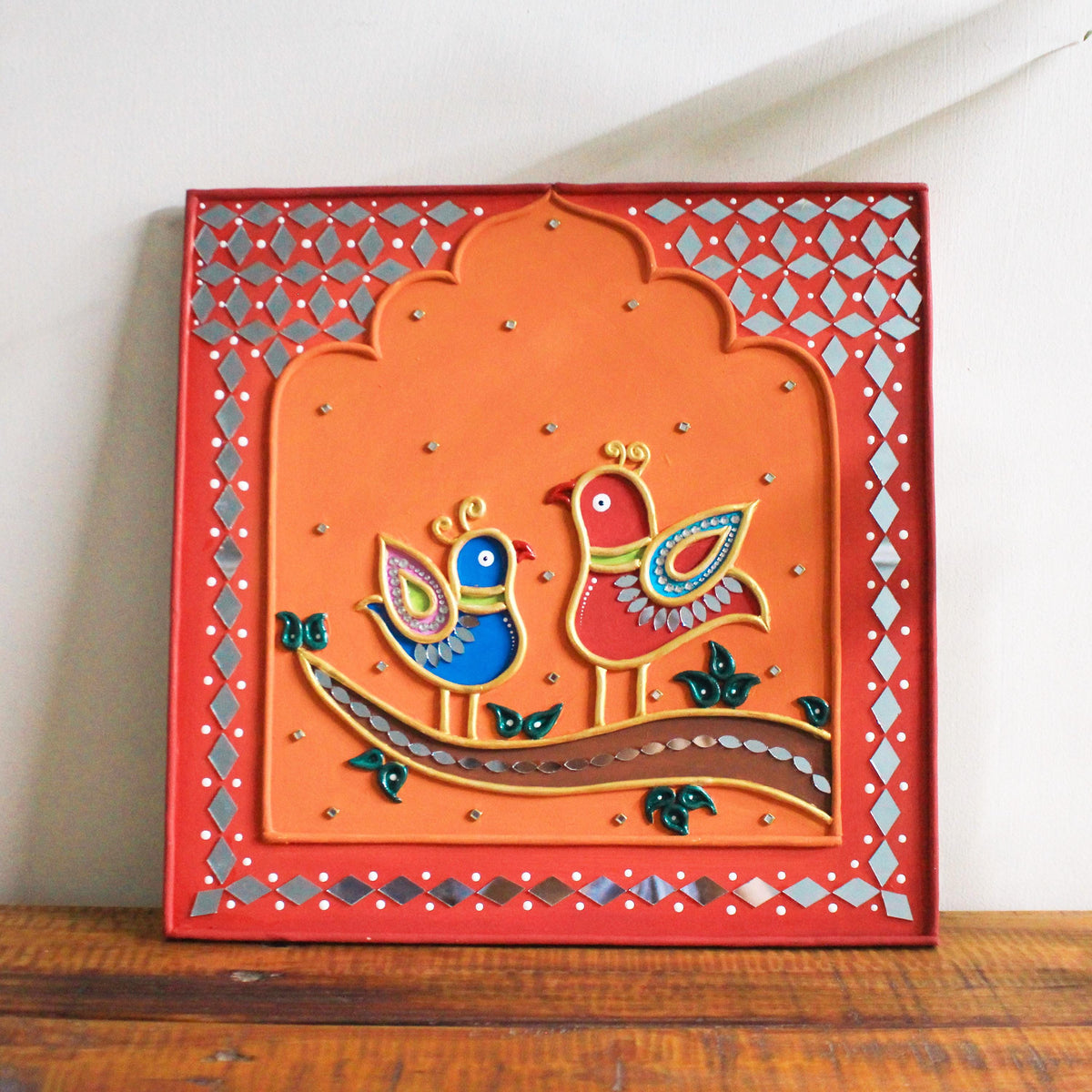 Lippan Bird Couple Wall Art, Mud Mirror Indian Folk Decor